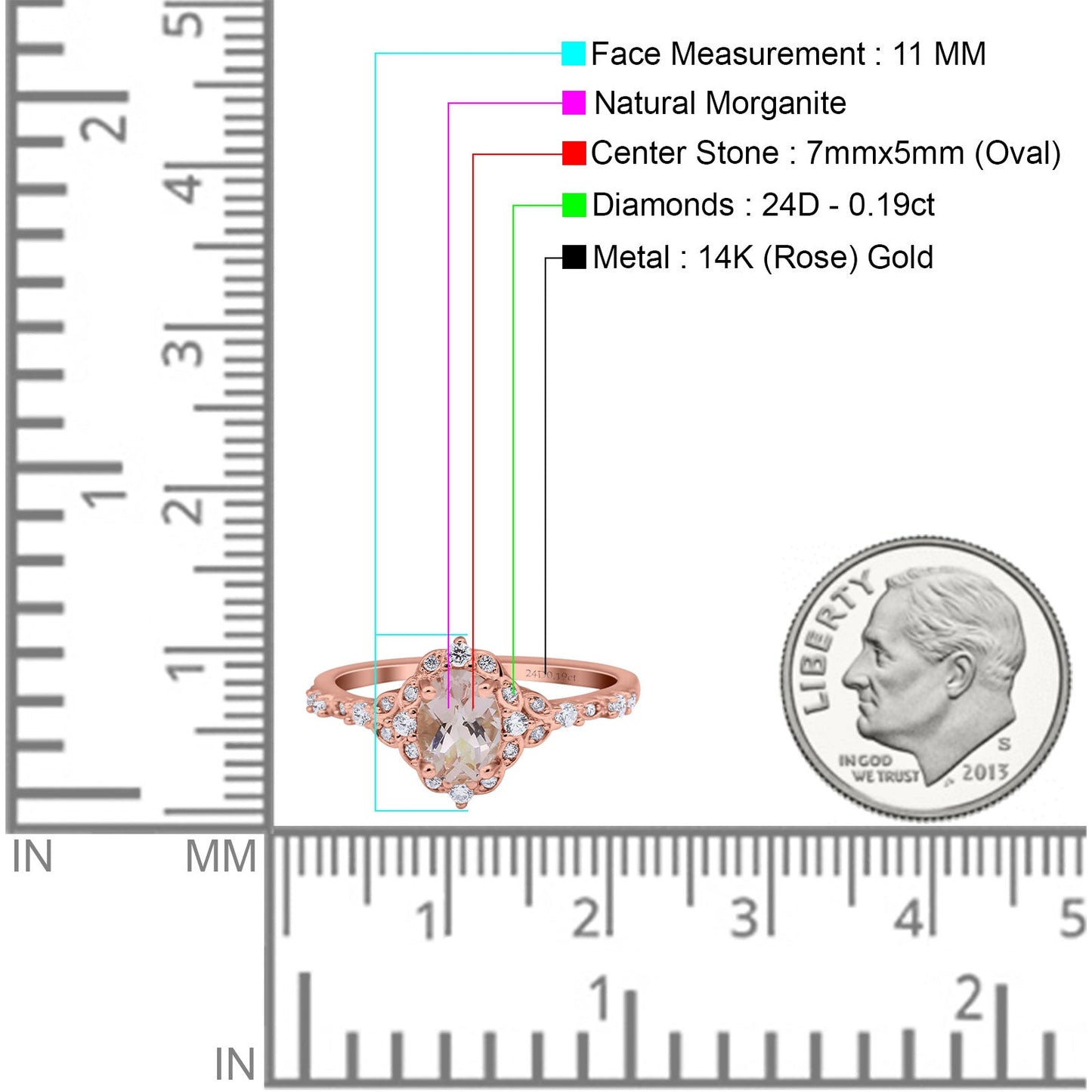 14K Rose Gold Oval Natural Morganite 0.95ct G SI Diamond Engagement Ring Size 6.5