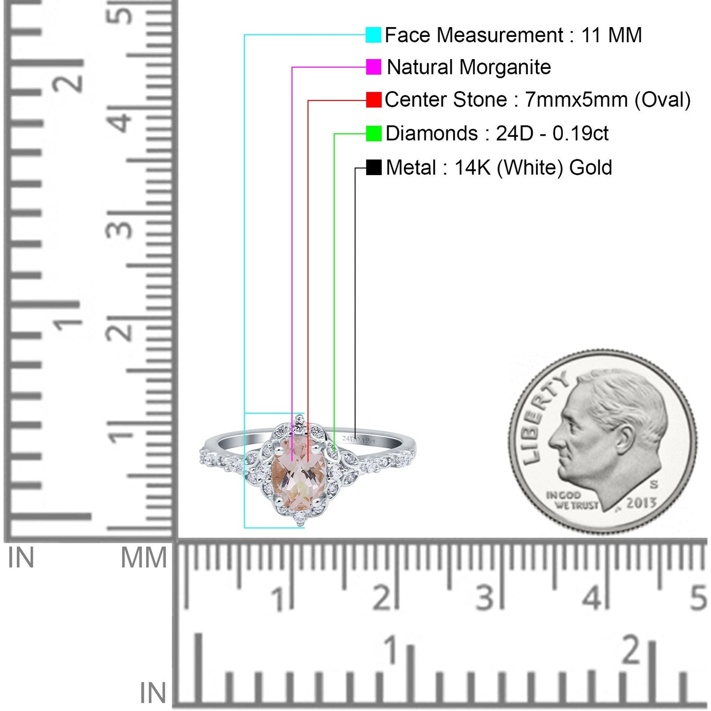 14K White Gold Oval Natural Morganite 0.95ct G SI Diamond Engagement Ring Size 6.5