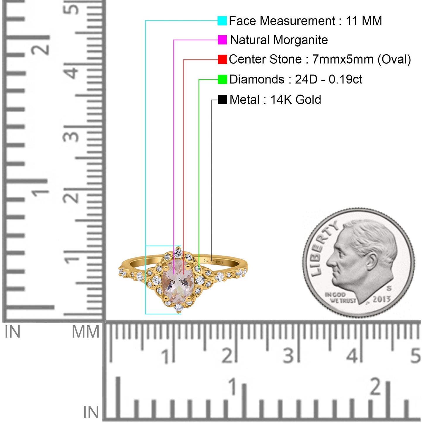 14K Yellow Gold Oval Natural Morganite 0.95ct G SI Diamond Engagement Ring Size 6.5