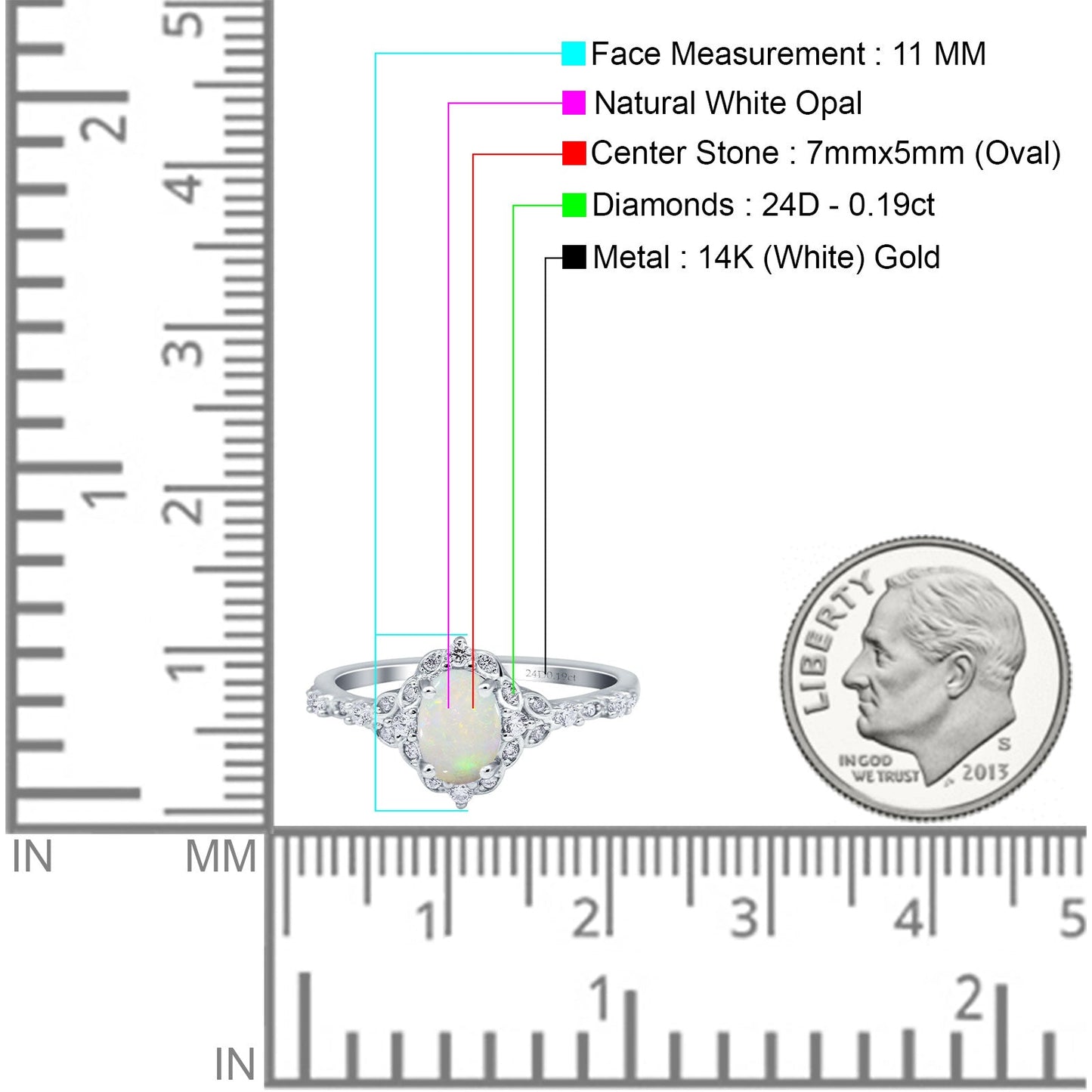 14K White Gold Oval Natural White Opal 0.19ct G SI Diamond Engagement Ring Size 6.5