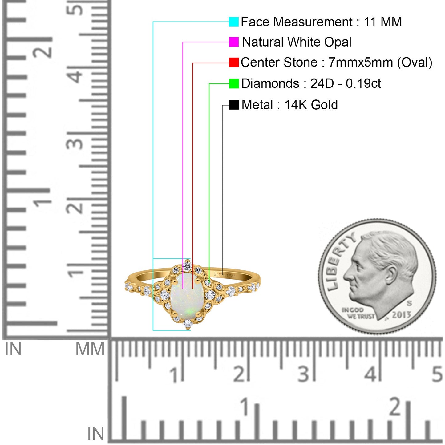 14K Yellow Gold Oval Natural White Opal 0.19ct G SI Diamond Engagement Ring Size 6.5