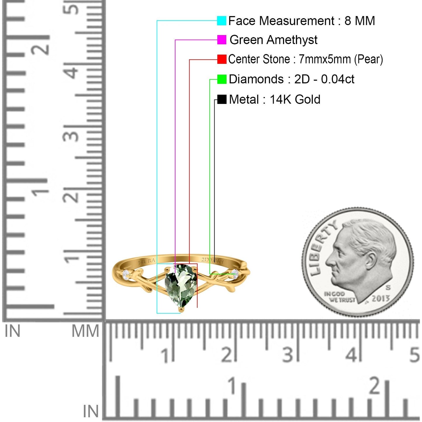 14K Yellow Gold 0.75ct Natural Green Amethyst Pear G SI Diamond Engagement Ring Size 6.5