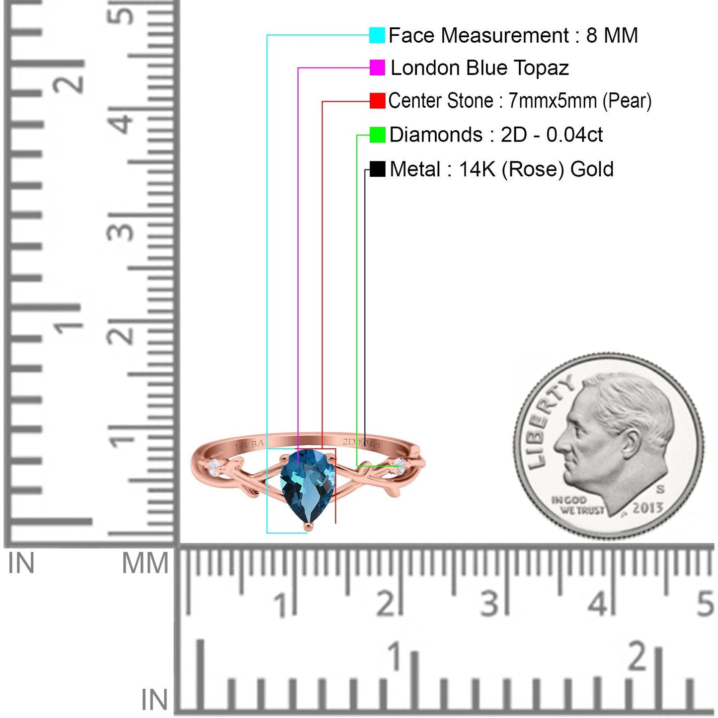 14K Rose Gold 0.75ct London Blue Topaz Pear G SI Diamond Engagement Ring Size 6.5