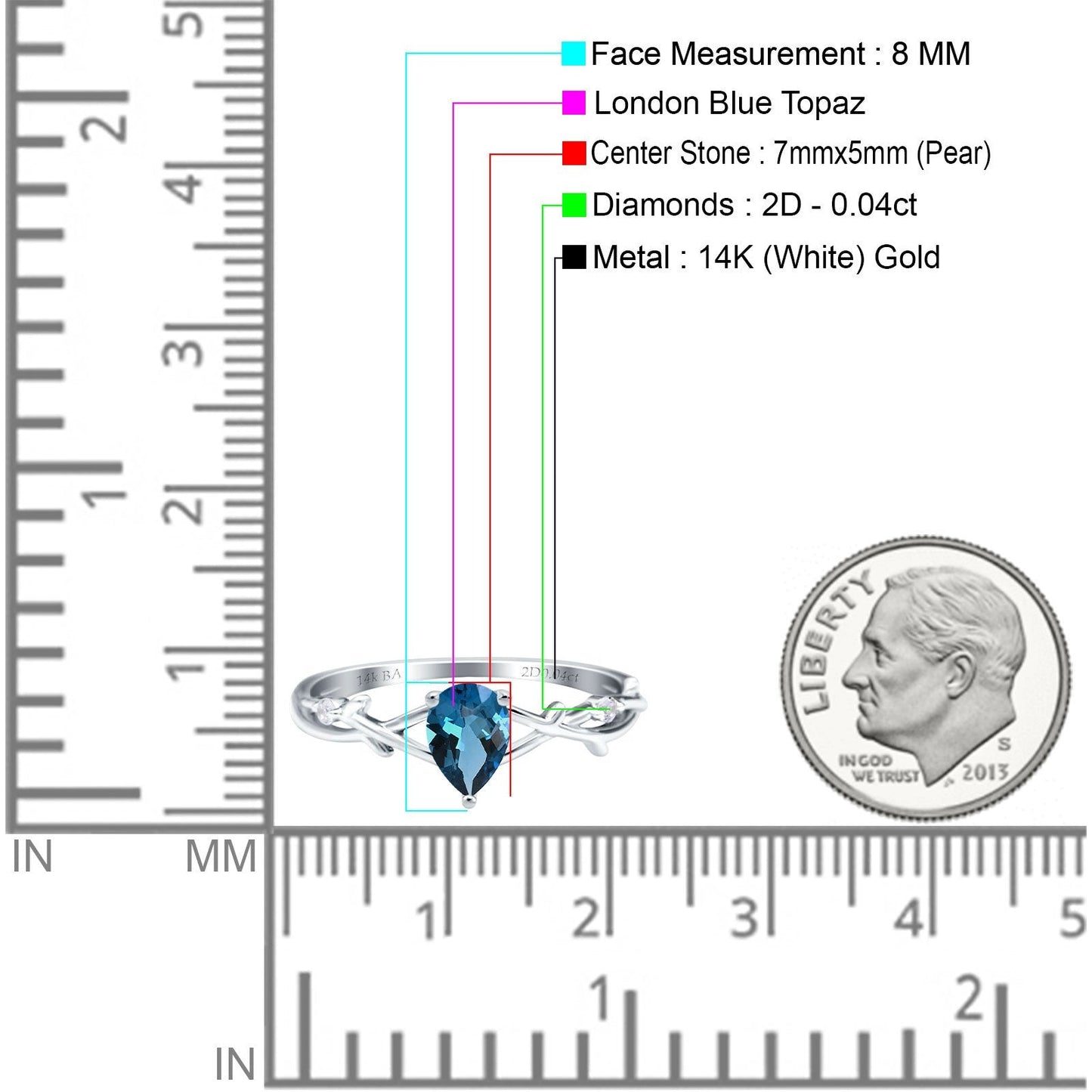 14K White Gold 0.75ct London Blue Topaz Pear G SI Diamond Engagement Ring Size 6.5