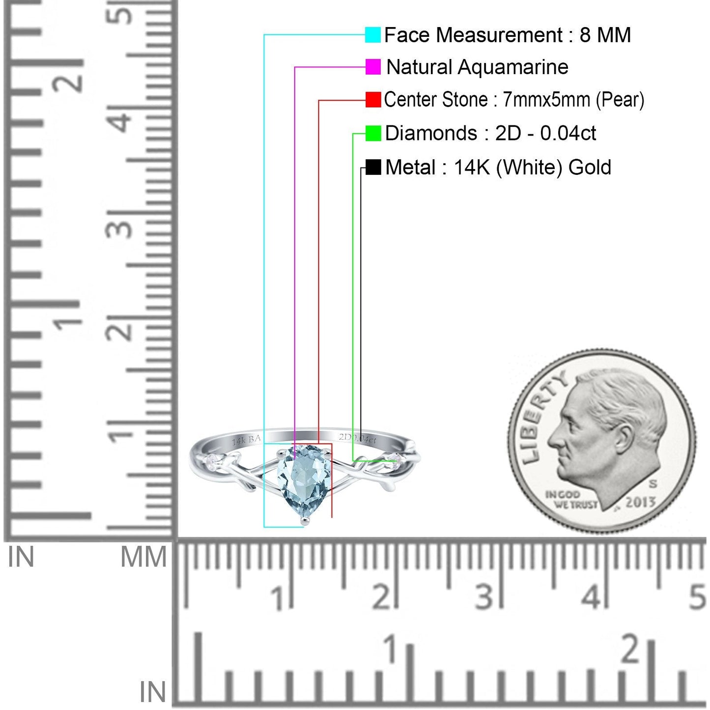 14K White Gold 0.75ct Natural Aquamarine Pear G SI Diamond Engagement Ring Size 6.5