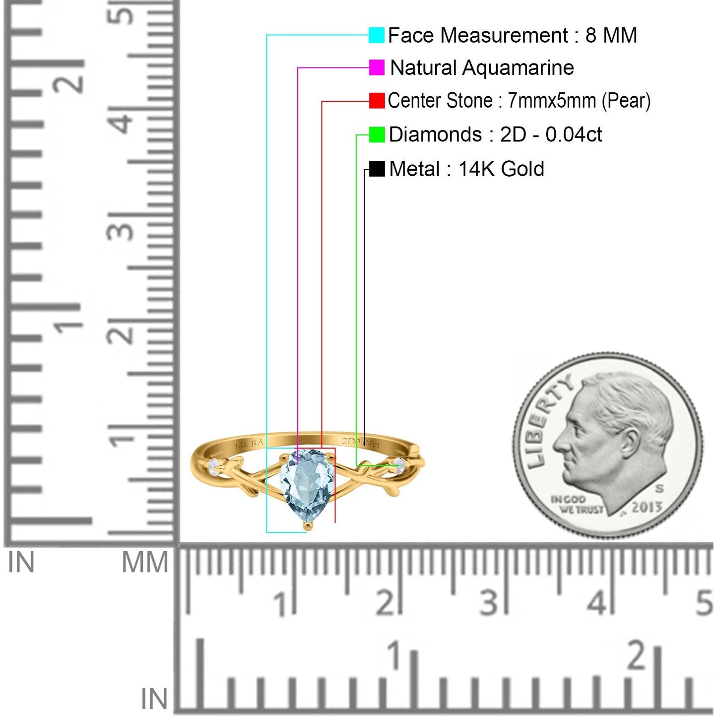 14K Yellow Gold 0.75ct Natural Aquamarine Pear G SI Diamond Engagement Ring Size 6.5