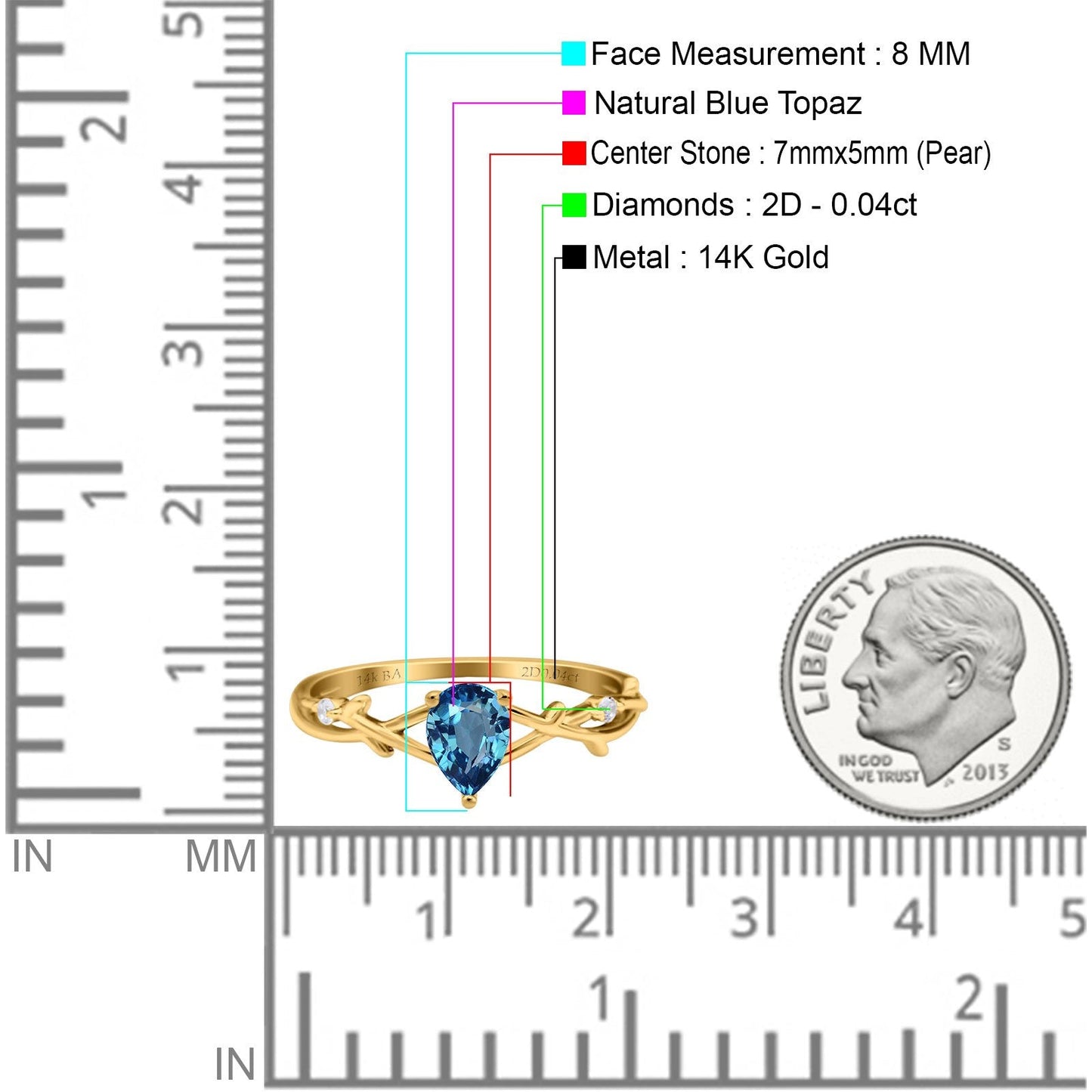 14K Yellow Gold 0.75ct Natural Swiss Blue Topaz Pear G SI Diamond Engagement Ring Size 6.5