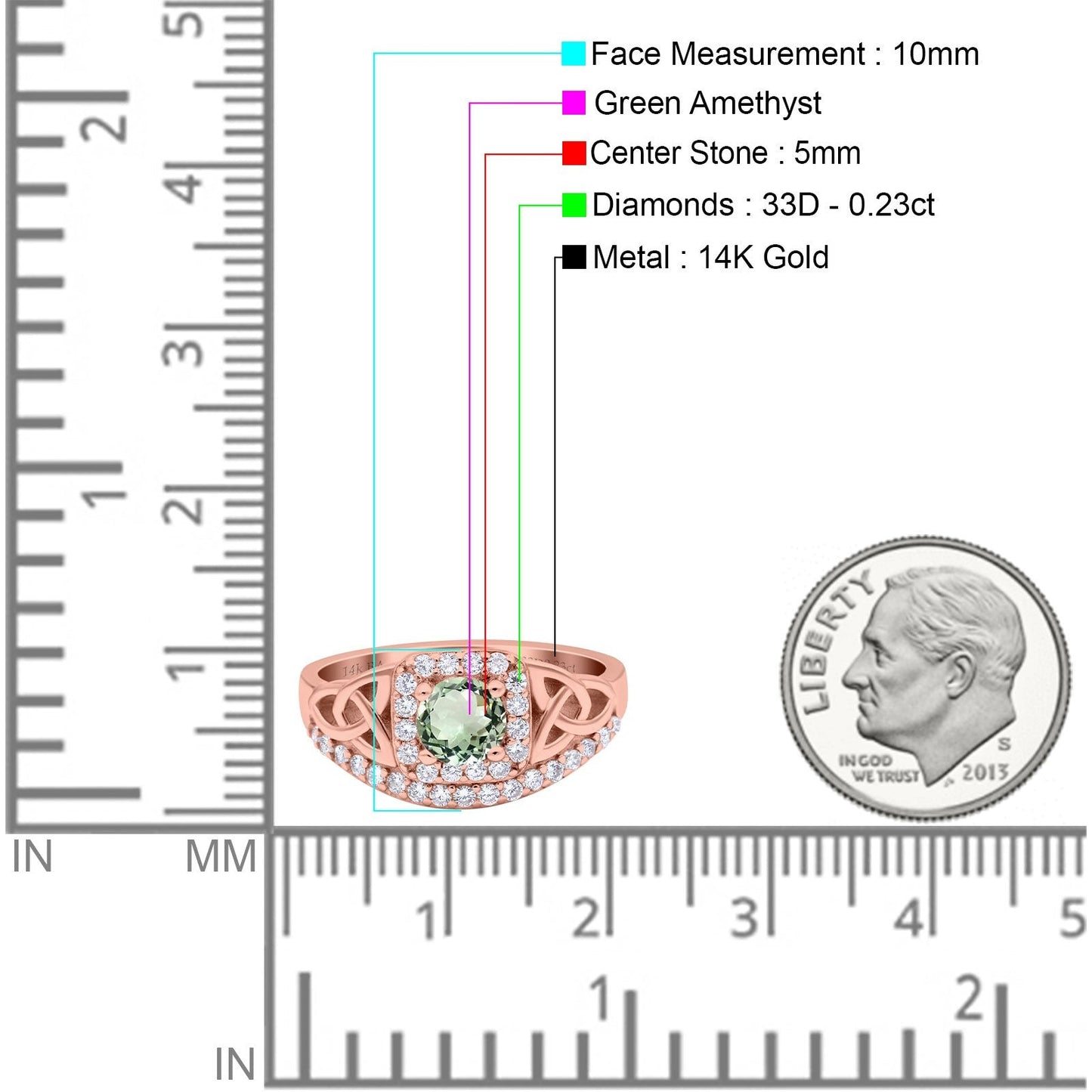 14K Rose Gold 0.69ct Round Art Deco 5mm G SI Natural Green Amethyst Diamond Engagement Wedding Ring Size 6.5