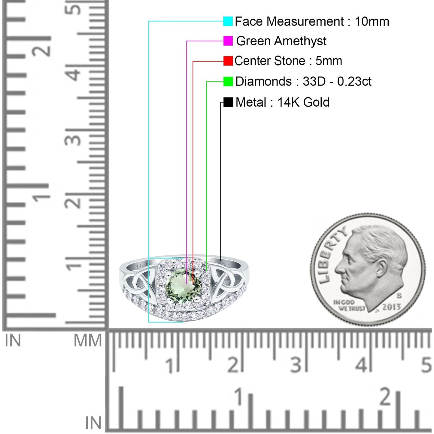 Bague de fiançailles en or blanc 14 carats 0,69 ct Art déco ronde 5 mm G SI avec améthyste verte naturelle et diamant taille 6,5