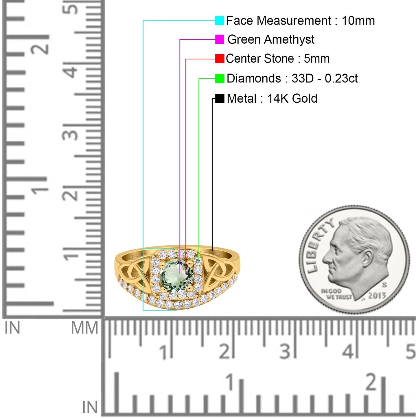 14K Yellow Gold 0.69ct Round Art Deco 5mm G SI Natural Green Amethyst Diamond Engagement Wedding Ring Size 6.5