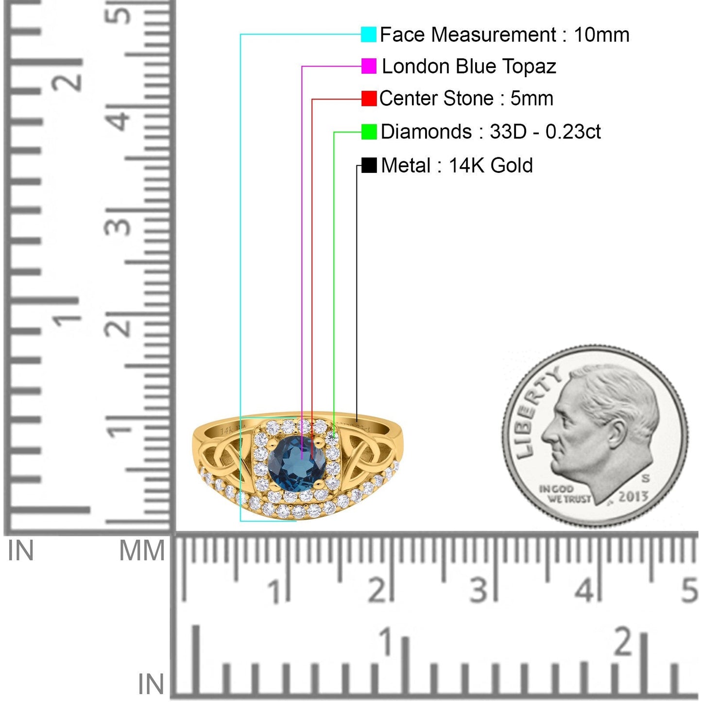 14K Yellow Gold 0.69ct Round Art Deco 5mm G SI London Blue Topaz Diamond Engagement Wedding Ring Size 6.5