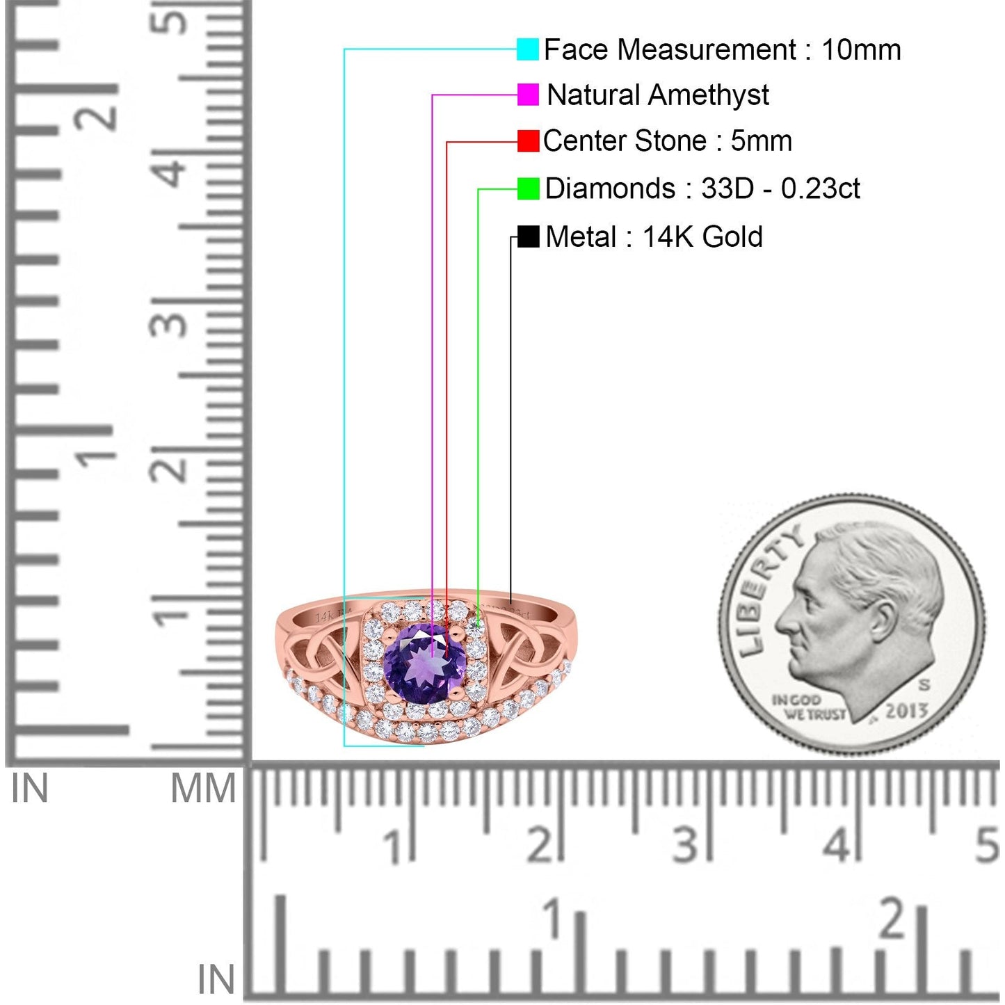 14K Rose Gold 0.69ct Round Art Deco 5mm G SI Natural Amethyst Diamond Engagement Wedding Ring Size 6.5