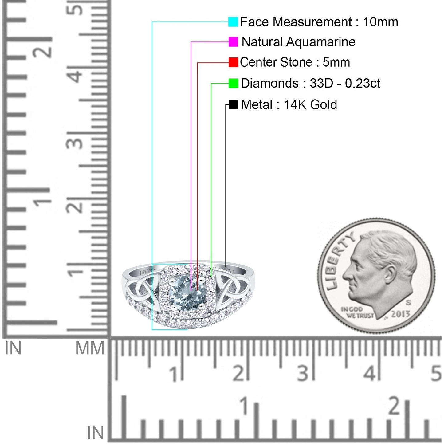 14K White Gold 0.69ct Round Art Deco 5mm G SI Natural Aquamarine Diamond Engagement Wedding Ring Size 6.5