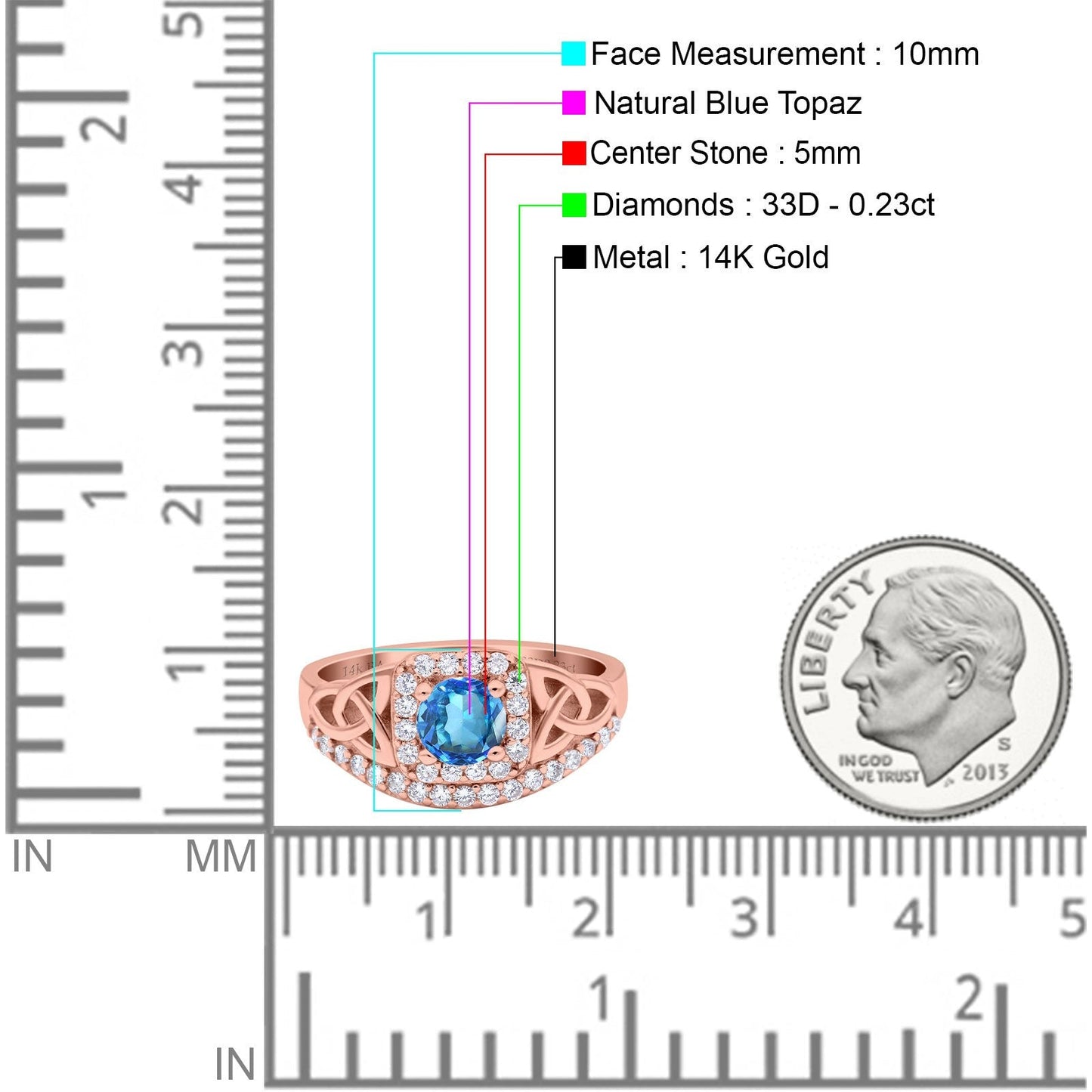 14K Rose Gold 0.69ct Round Art Deco 5mm G SI Natural Blue Topaz Diamond Engagement Wedding Ring Size 6.5