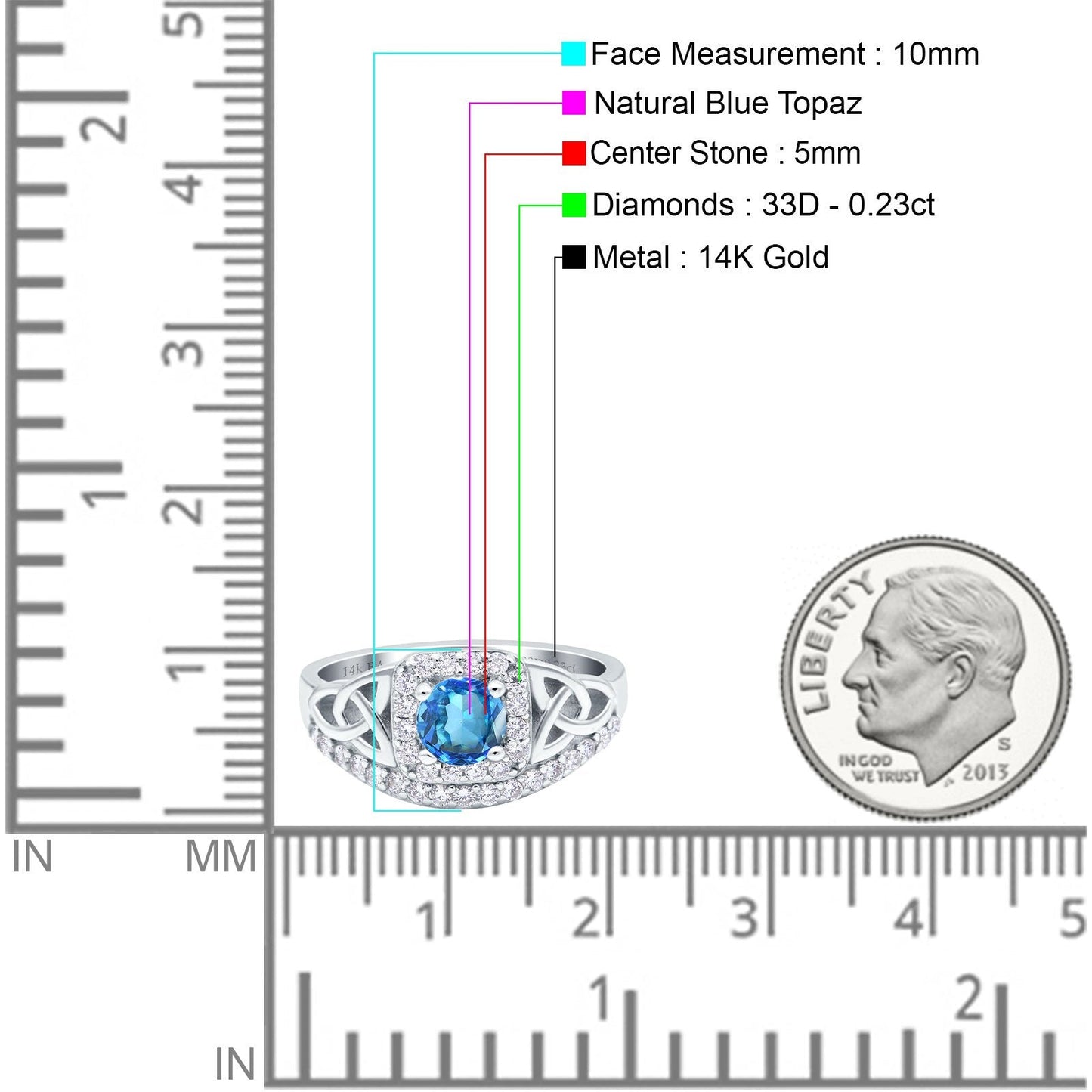 14K White Gold 0.69ct Round Art Deco 5mm G SI Natural Blue Topaz Diamond Engagement Wedding Ring Size 6.5