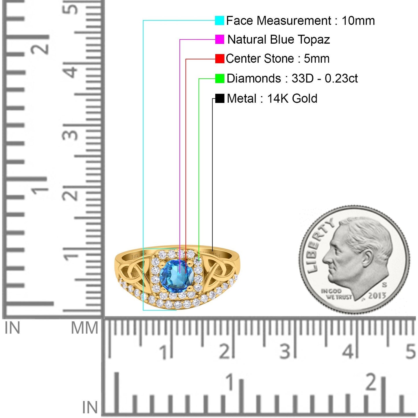 14K Yellow Gold 0.69ct Round Art Deco 5mm G SI Natural Blue Topaz Diamond Engagement Wedding Ring Size 6.5