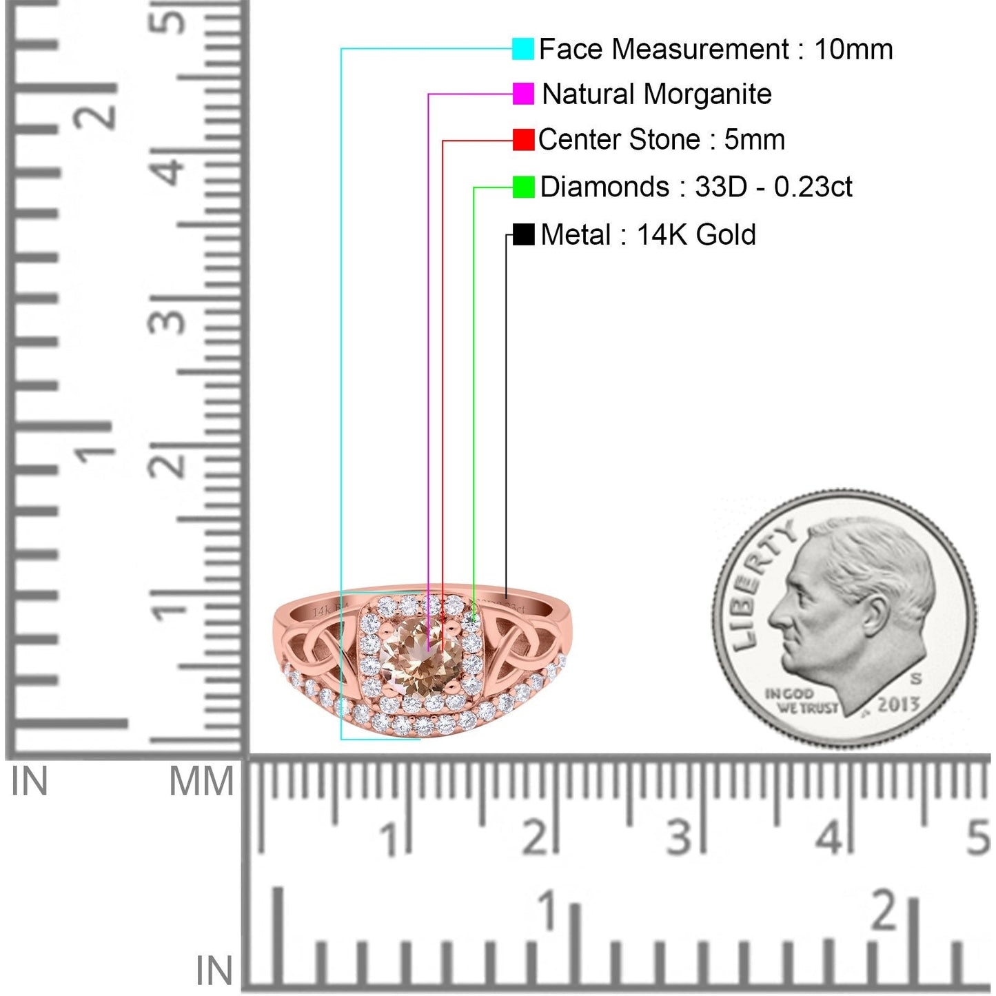 14K Rose Gold 0.69ct Round Art Deco 5mm G SI Natural Morganite Diamond Engagement Wedding Ring Size 6.5