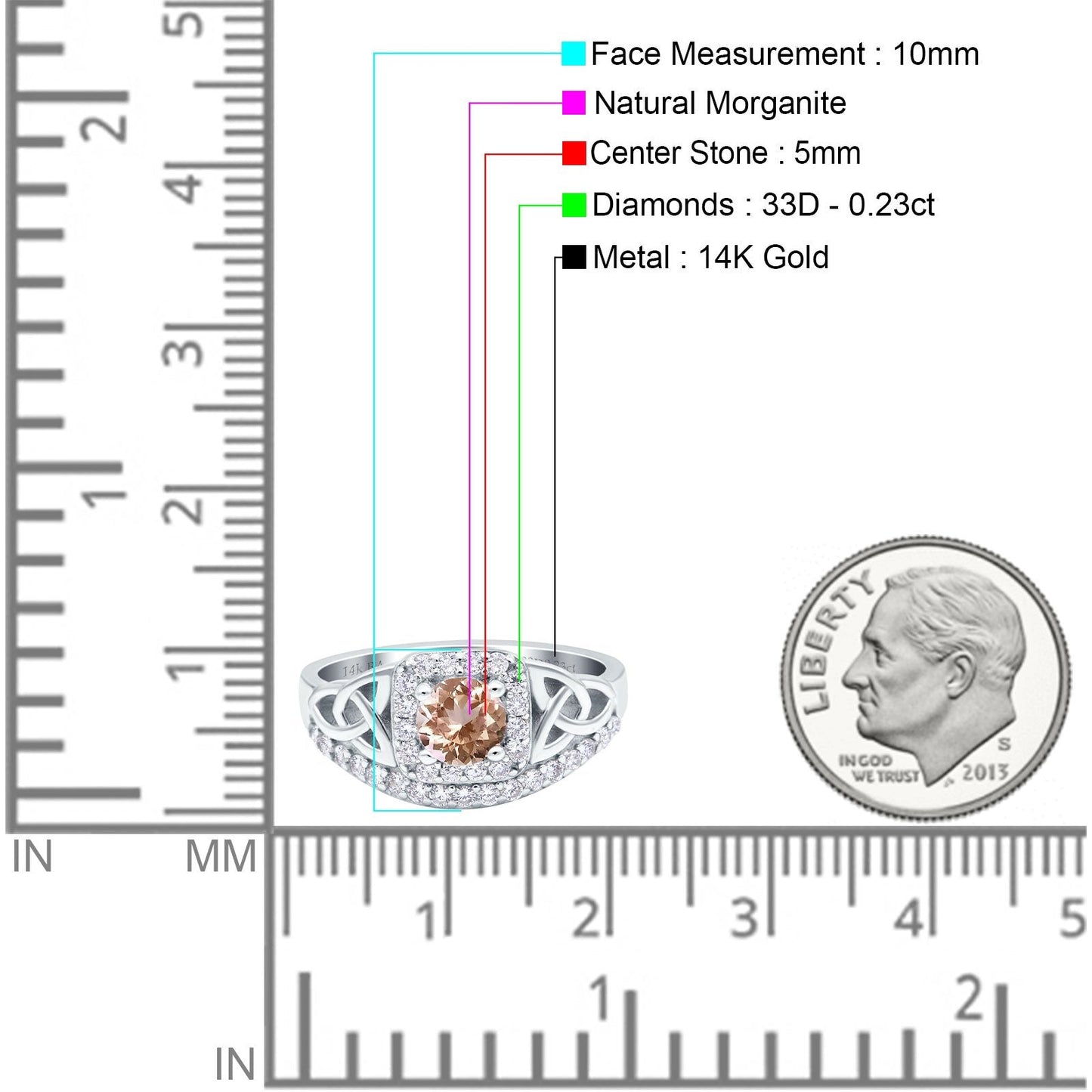 14K White Gold 0.69ct Round Art Deco 5mm G SI Natural Morganite Diamond Engagement Wedding Ring Size 6.5