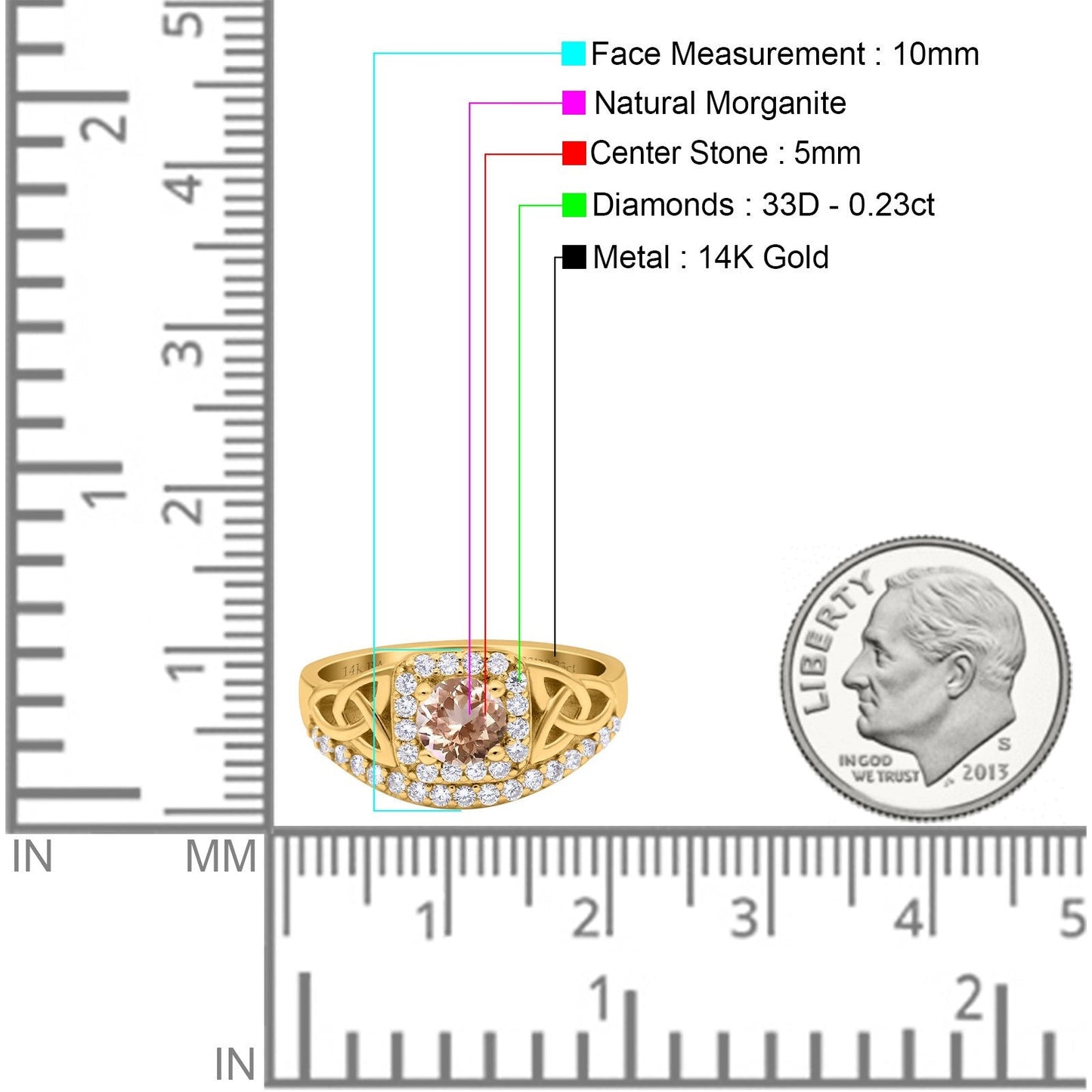 14K Yellow Gold 0.69ct Round Art Deco 5mm G SI Natural Morganite Diamond Engagement Wedding Ring Size 6.5