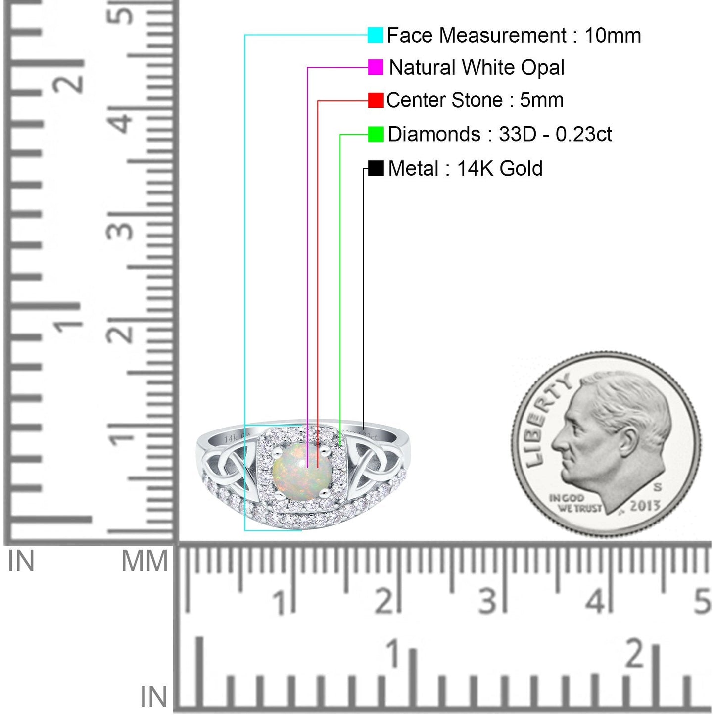 14K White Gold 0.23ct Round Art Deco 5mm G SI Natural White Opal Diamond Engagement Wedding Ring Size 6.5