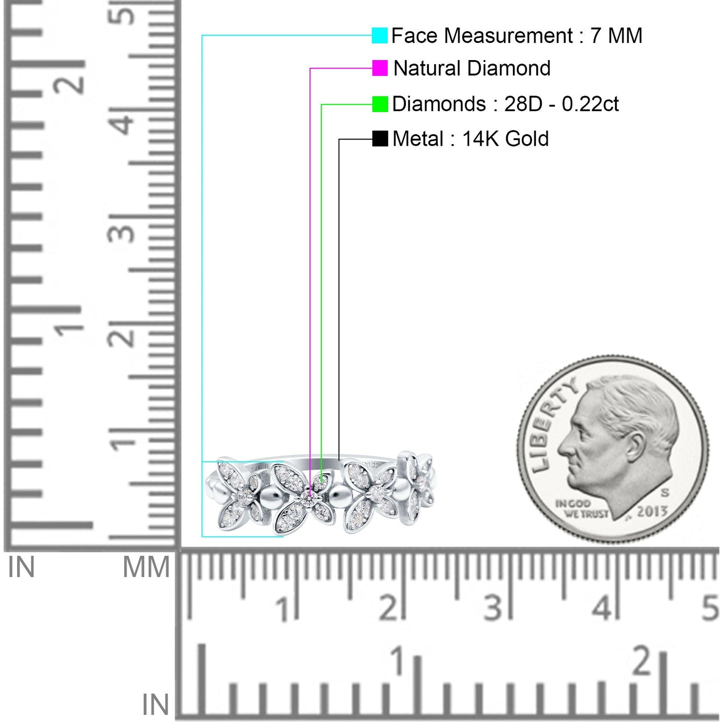 14K White Gold 0.22ct Round 7mm G SI Half Eternity Flower Ring Diamond Bands Engagement Wedding Ring