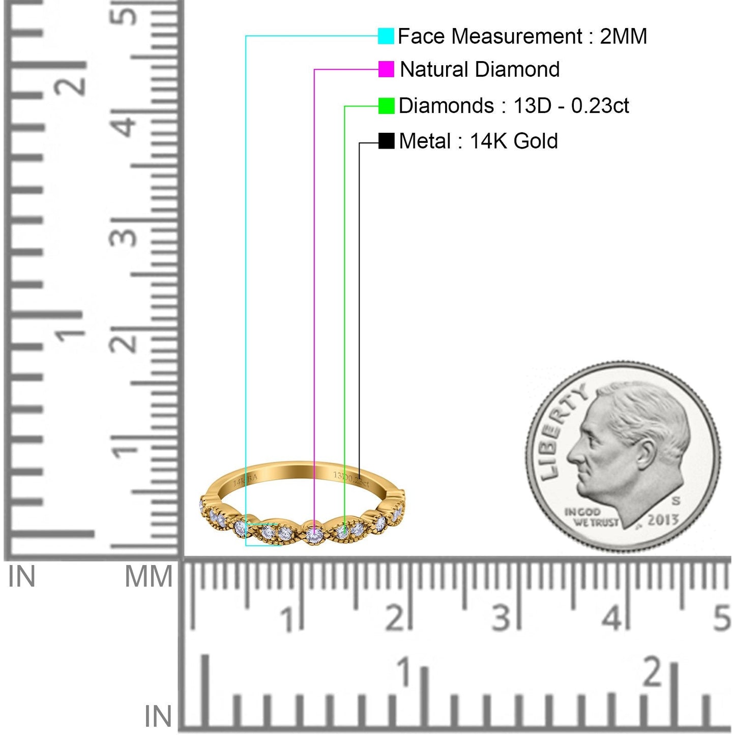 14K Yellow Gold 0.23ct Round 2mm G SI Half Eternity Diamond Bands Engagement Wedding Ring Size 6.5