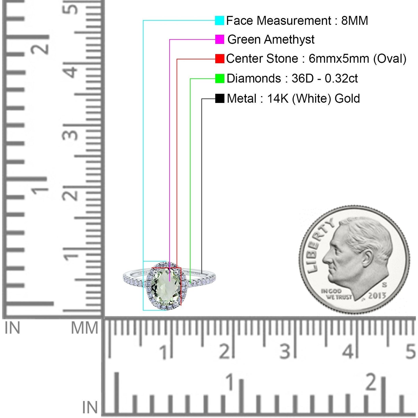 14K White Gold 0.93ct Oval Natural Green Amethyst G SI Diamond Engagement Ring Size 6.5