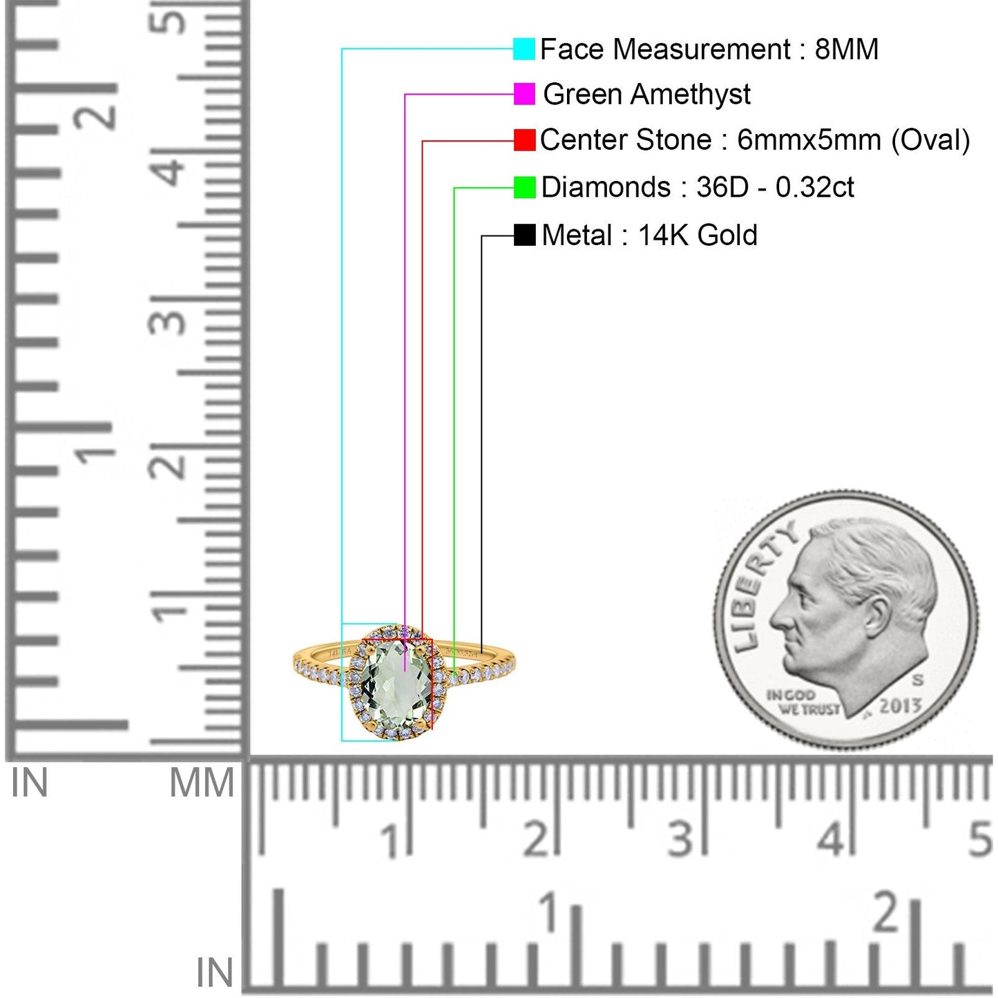 14K Yellow Gold 0.93ct Oval Natural Green Amethyst G SI Diamond Engagement Ring Size 6.5