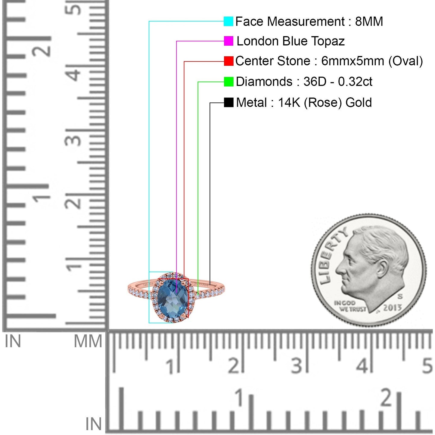 14K Rose Gold 0.93ct Oval London Blue Topaz G SI Diamond Engagement Ring Size 6.5