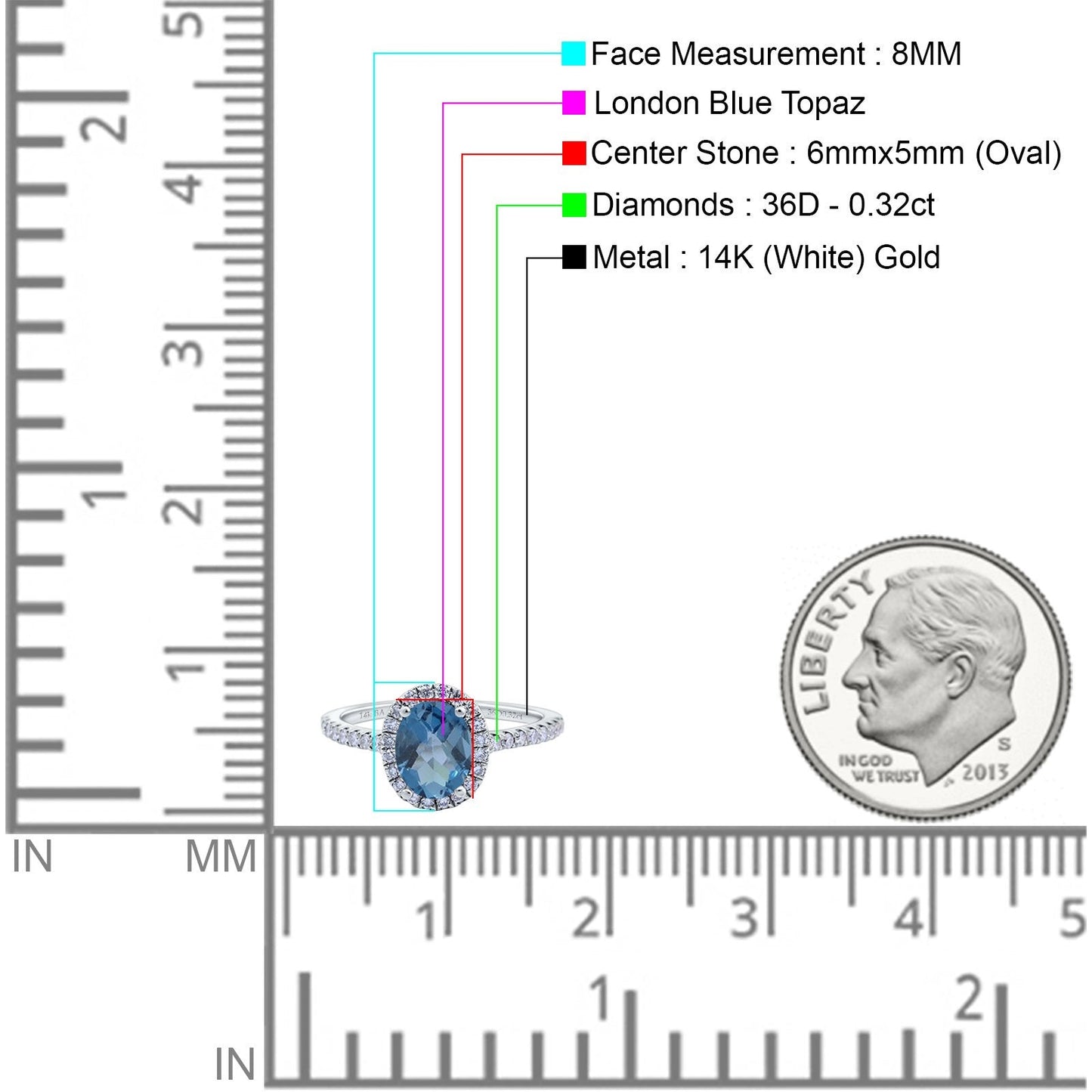 14K White Gold 0.93ct Oval London Blue Topaz G SI Diamond Engagement Ring Size 6.5