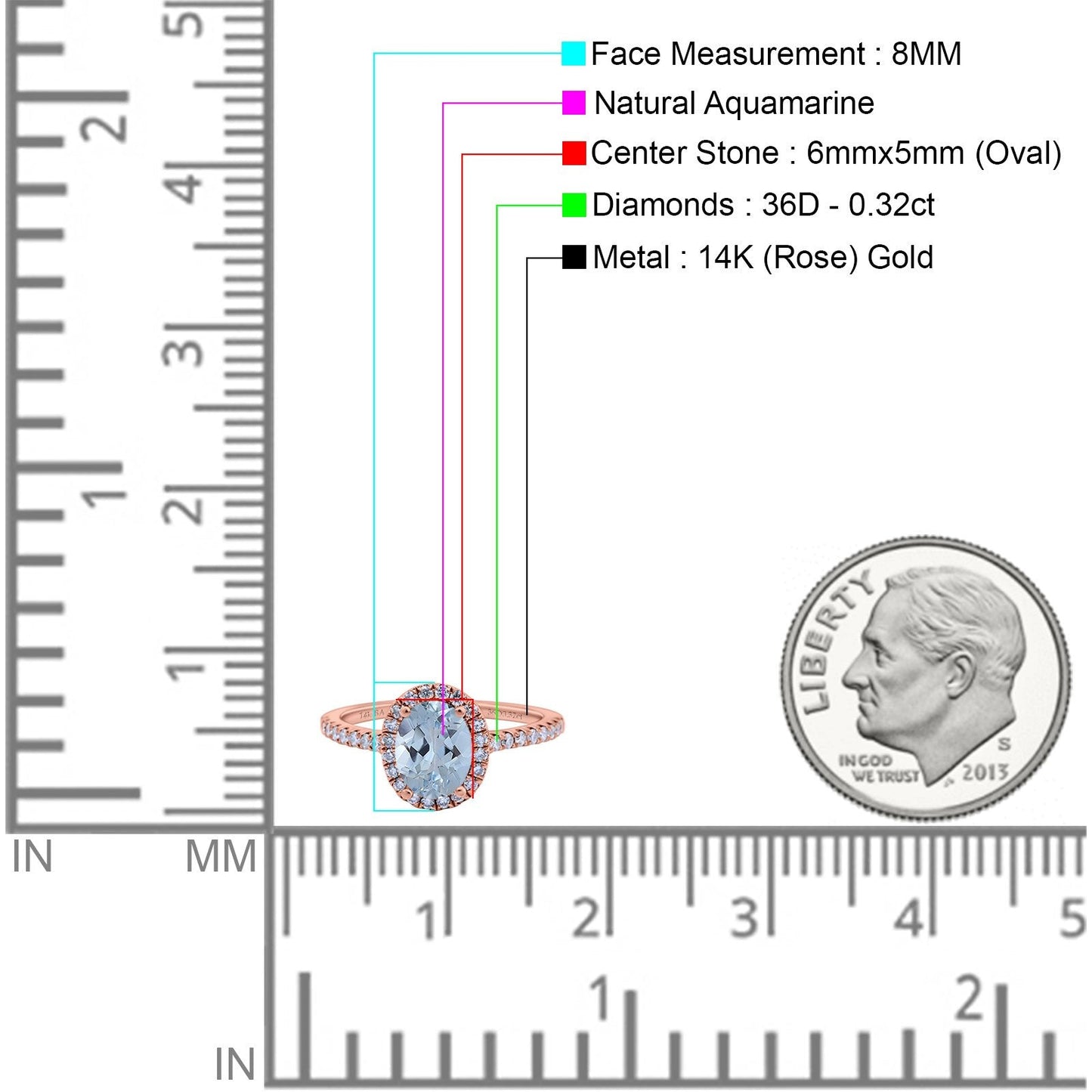 14K Rose Gold 0.93ct Oval Natural Aquamarine G SI Diamond Engagement Ring Size 6.5