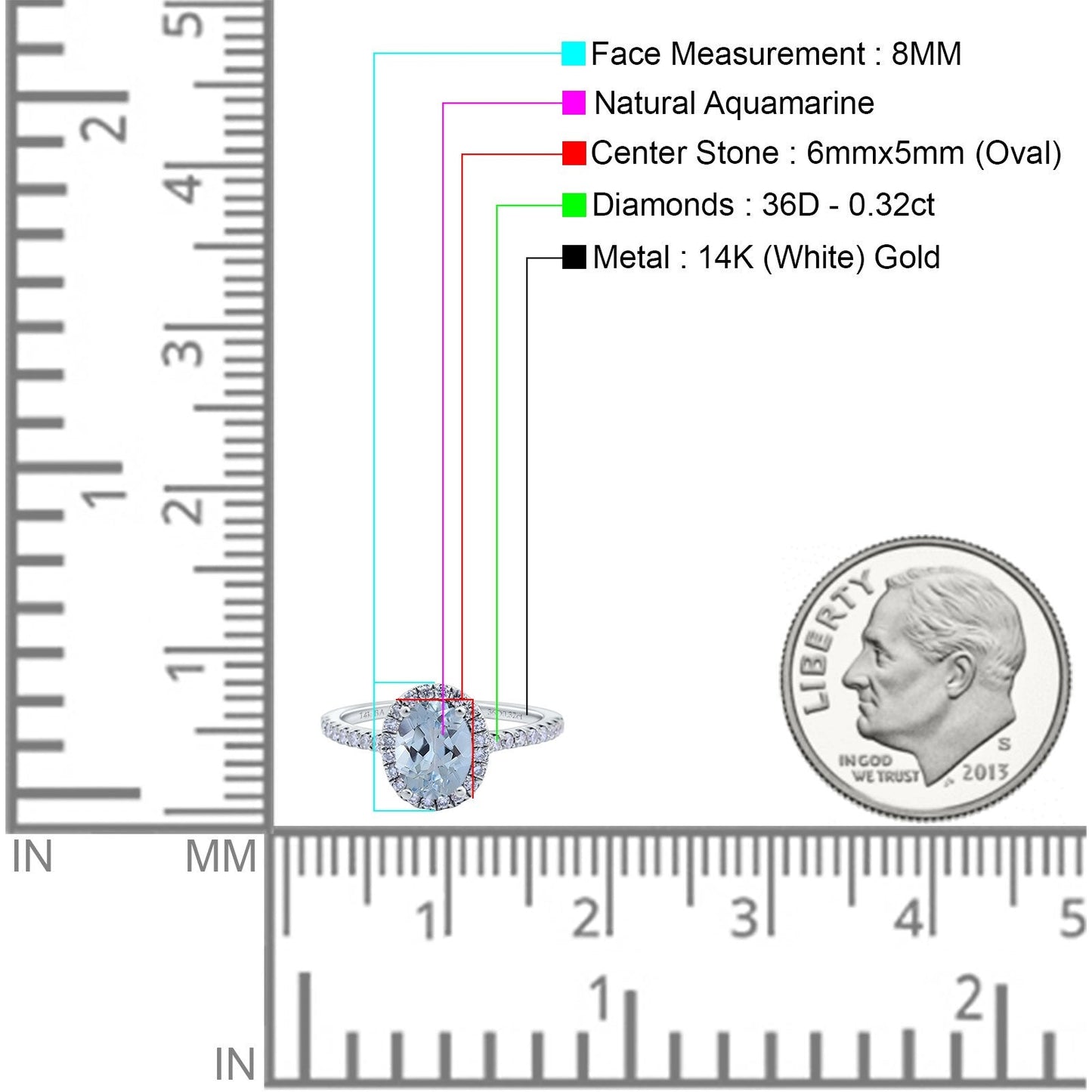 14K White Gold 0.93ct Oval Natural Aquamarine G SI Diamond Engagement Ring Size 6.5