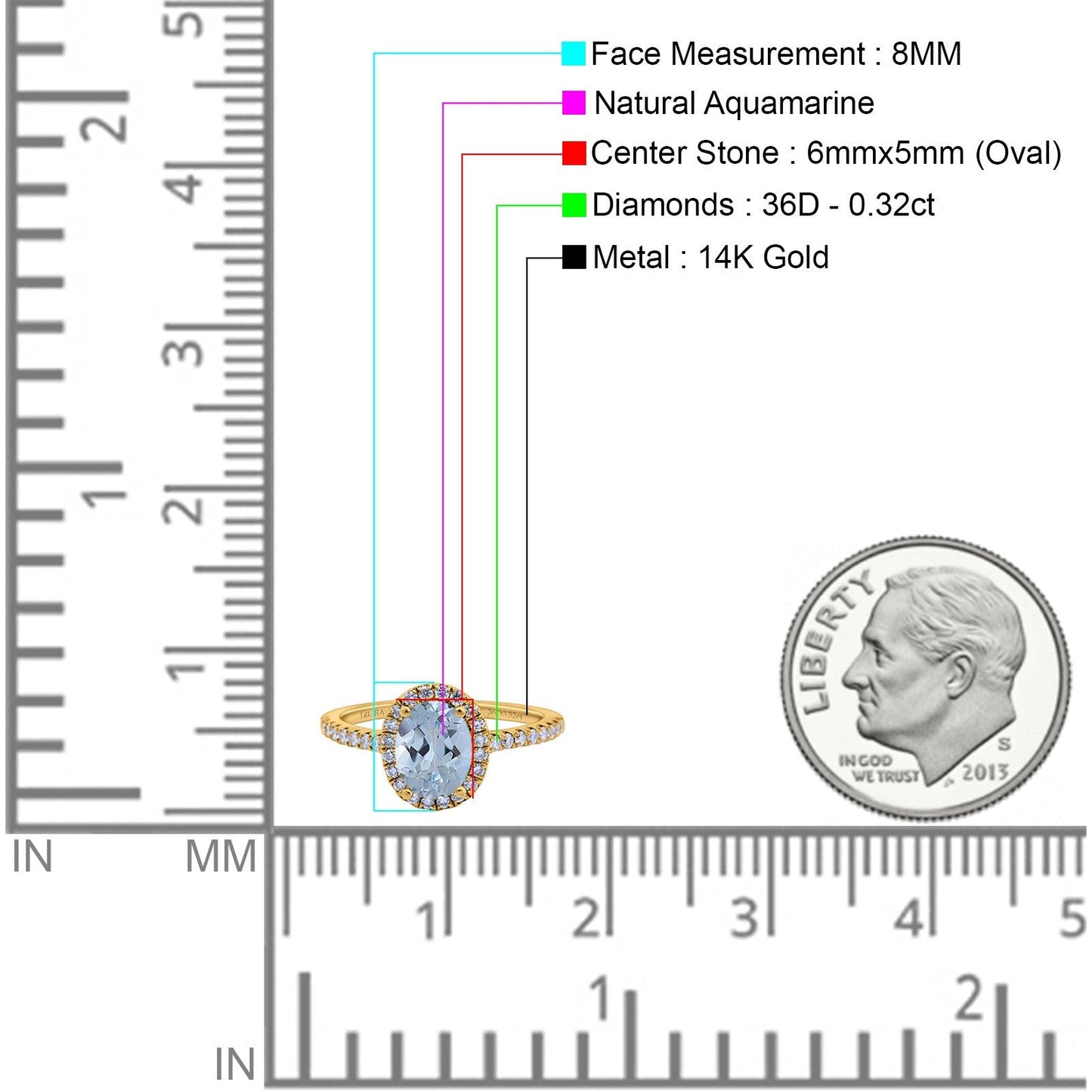 14K Yellow Gold 0.93ct Oval Natural Aquamarine G SI Diamond Engagement Ring Size 6.5