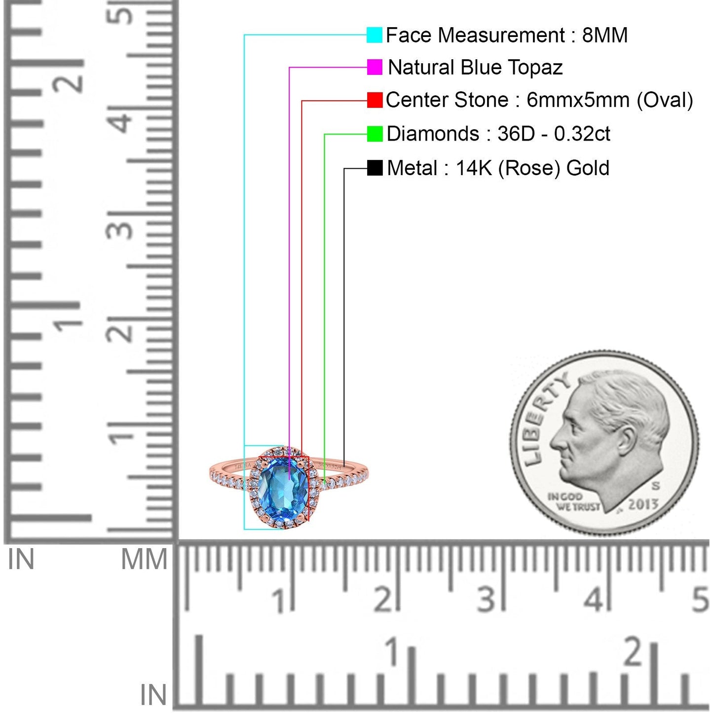 14K Rose Gold 0.93ct Oval Natural Swiss Blue Topaz G SI Diamond Engagement Ring Size 6.5