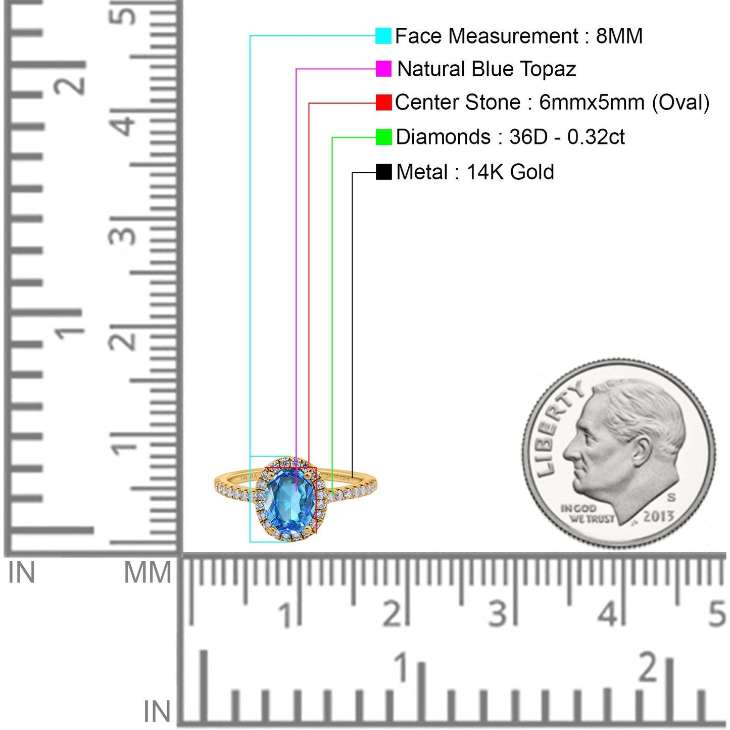 14K Yellow Gold 0.93ct Oval Natural Swiss Blue Topaz G SI Diamond Engagement Ring Size 6.5