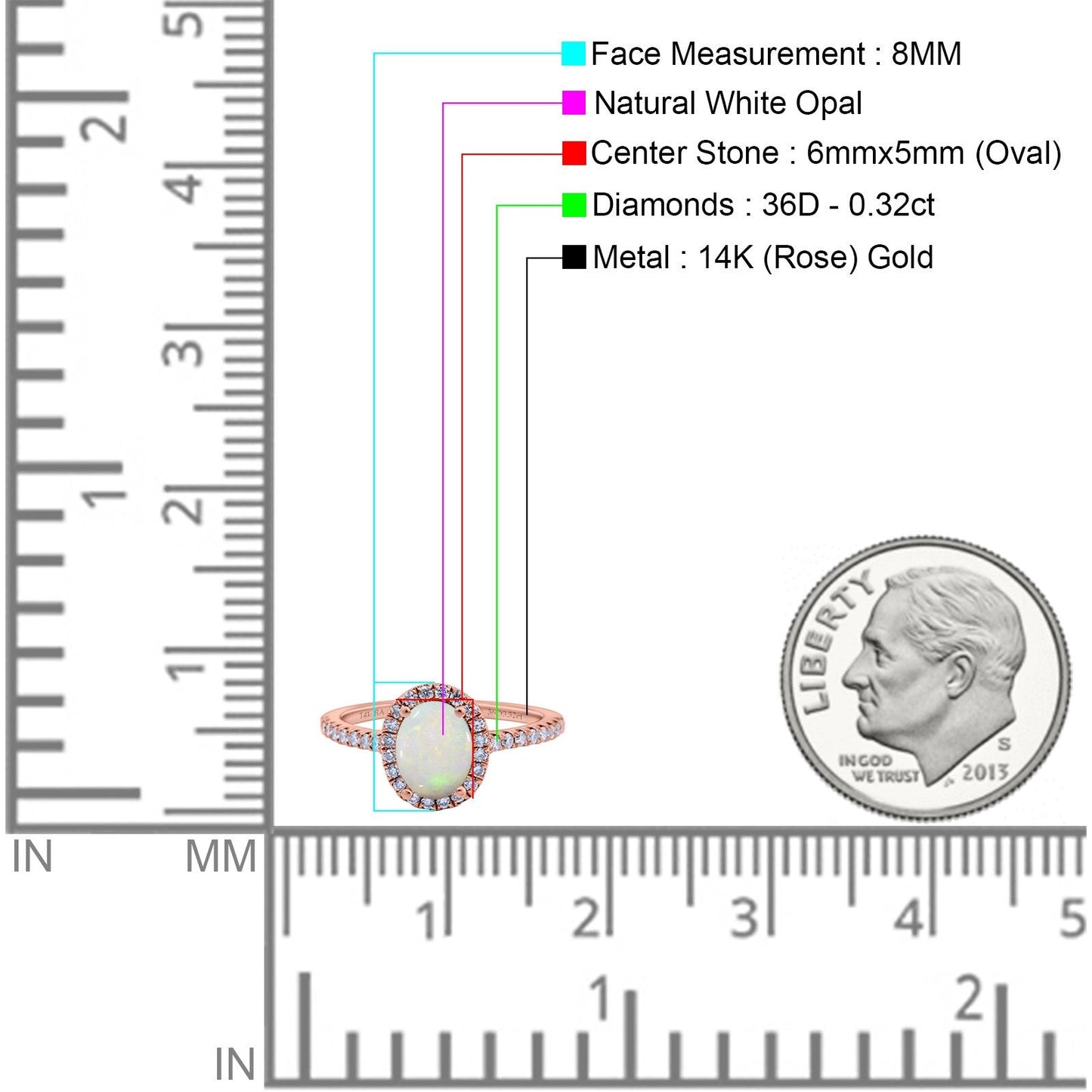 14K Rose Gold 0.32ct Oval Natural White Opal G SI Diamond Engagement Ring Size 6.5