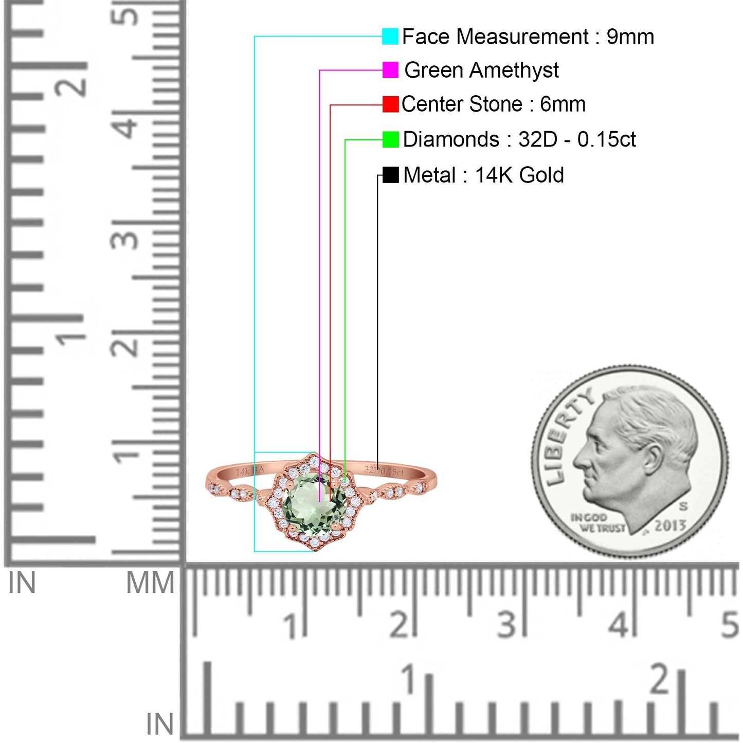 14K Rose Gold 0.99ct Round Petite Dainty 6mm G SI Natural Green Amethyst Diamond Engagement Wedding Ring Size 6.5