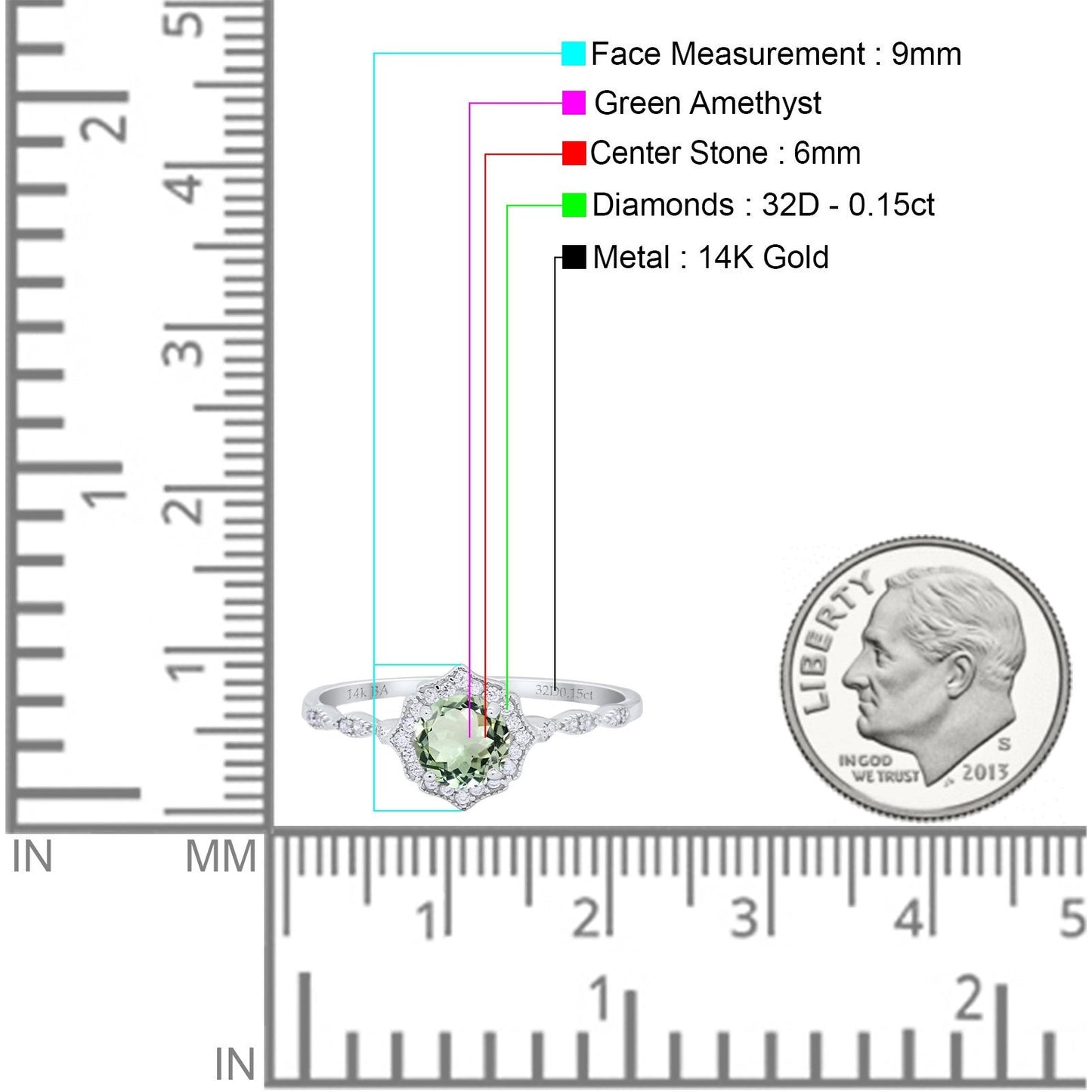 14K White Gold 0.99ct Round Petite Dainty 6mm G SI Natural Green Amethyst Diamond Engagement Wedding Ring Size 6.5