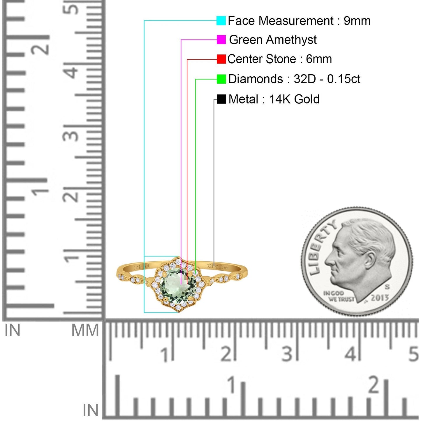 14K Yellow Gold 0.99ct Round Petite Dainty 6mm G SI Natural Green Amethyst Diamond Engagement Wedding Ring Size 6.5