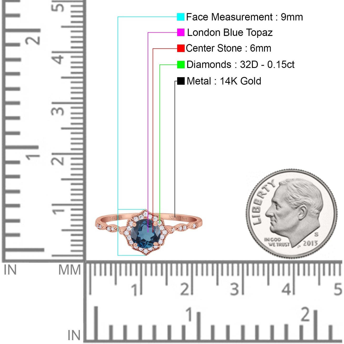 14K Rose Gold 0.99ct Round Petite Dainty 6mm G SI London Blue Topaz Diamond Engagement Wedding Ring Size 6.5