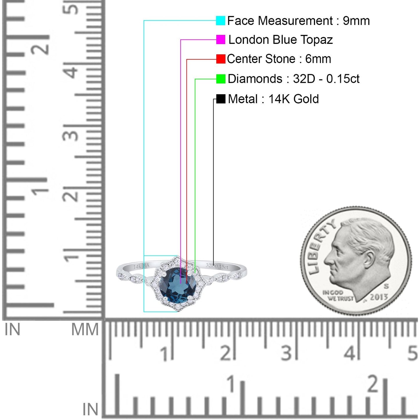 14K White Gold 0.99ct Round Petite Dainty 6mm G SI London Blue Topaz Diamond Engagement Wedding Ring Size 6.5