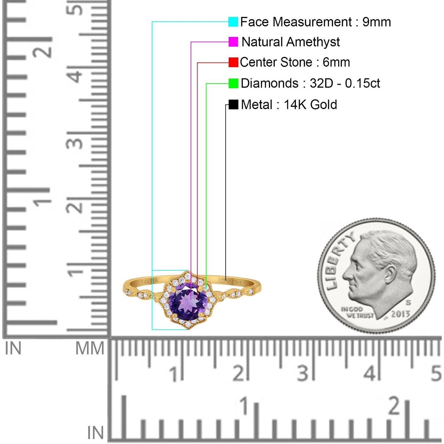 14K Yellow Gold 0.99ct Round Petite Dainty 6mm G SI Natural Amethyst Diamond Engagement Wedding Ring Size 6.5