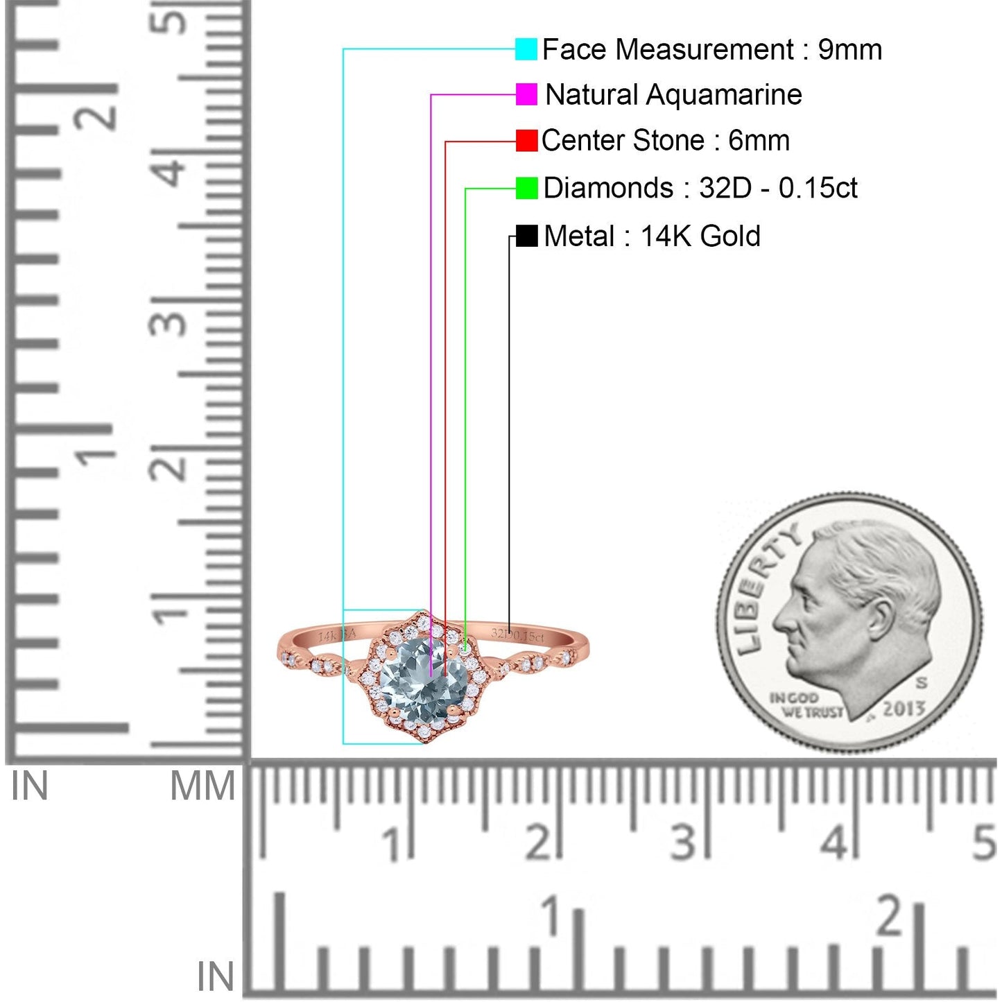 14K Rose Gold 0.99ct Round Petite Dainty 6mm G SI Natural Aquamarine Diamond Engagement Wedding Ring Size 6.5