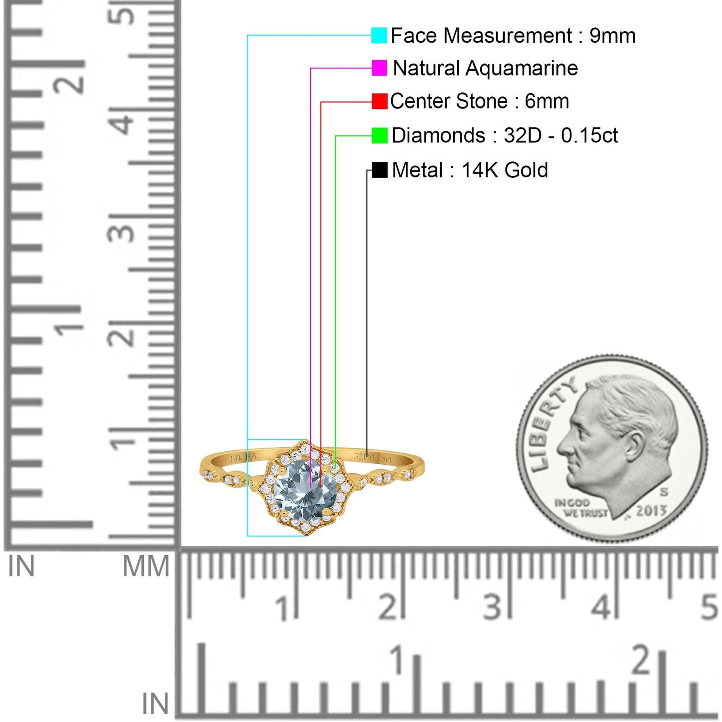 14K Yellow Gold 0.99ct Round Petite Dainty 6mm G SI Natural Aquamarine Diamond Engagement Wedding Ring Size 6.5