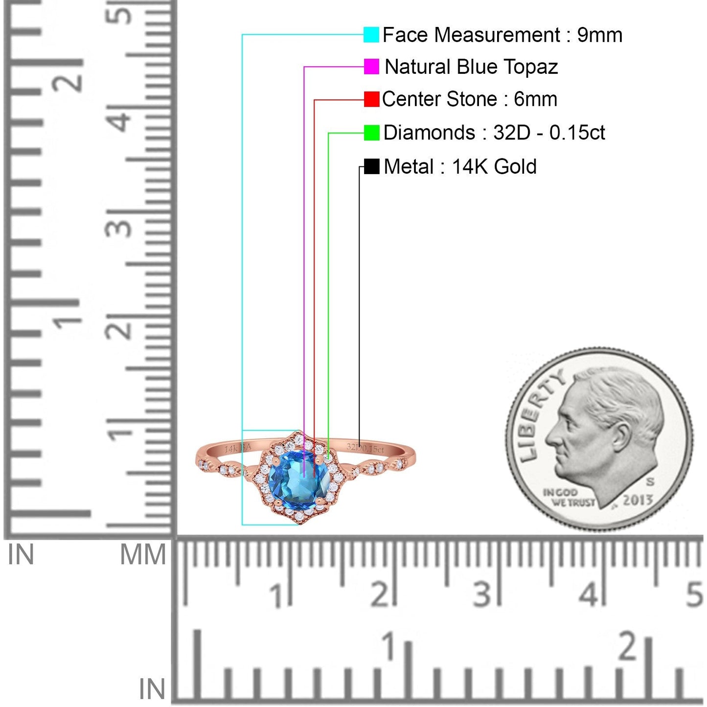 14K Rose Gold 0.99ct Round Petite Dainty 6mm G SI Natural Blue Topaz Diamond Engagement Wedding Ring Size 6.5