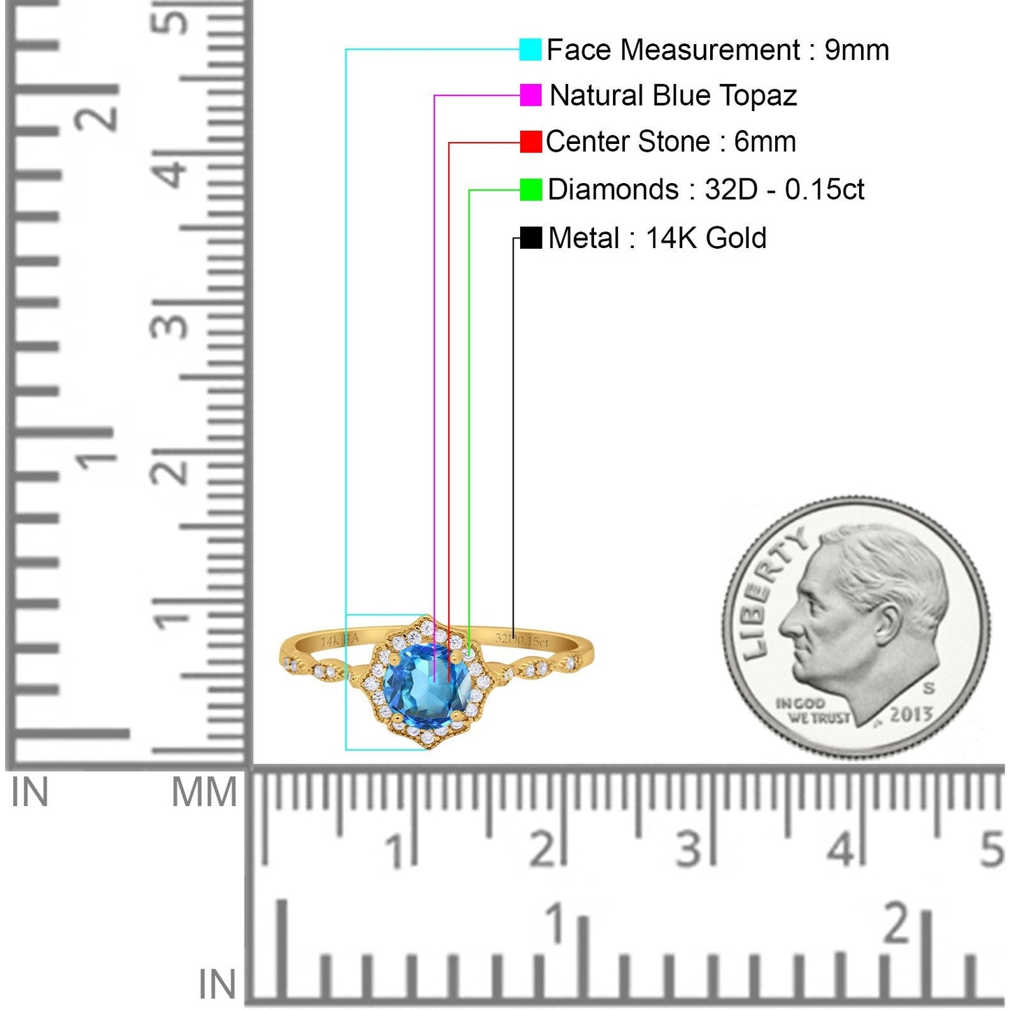 14K Yellow Gold 0.99ct Round Petite Dainty 6mm G SI Natural Blue Topaz Diamond Engagement Wedding Ring Size 6.5