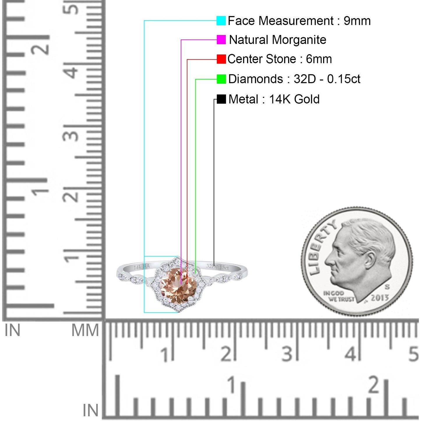 14K White Gold 0.99ct Round Petite Dainty 6mm G SI Natural Morganite Diamond Engagement Wedding Ring Size 6.5