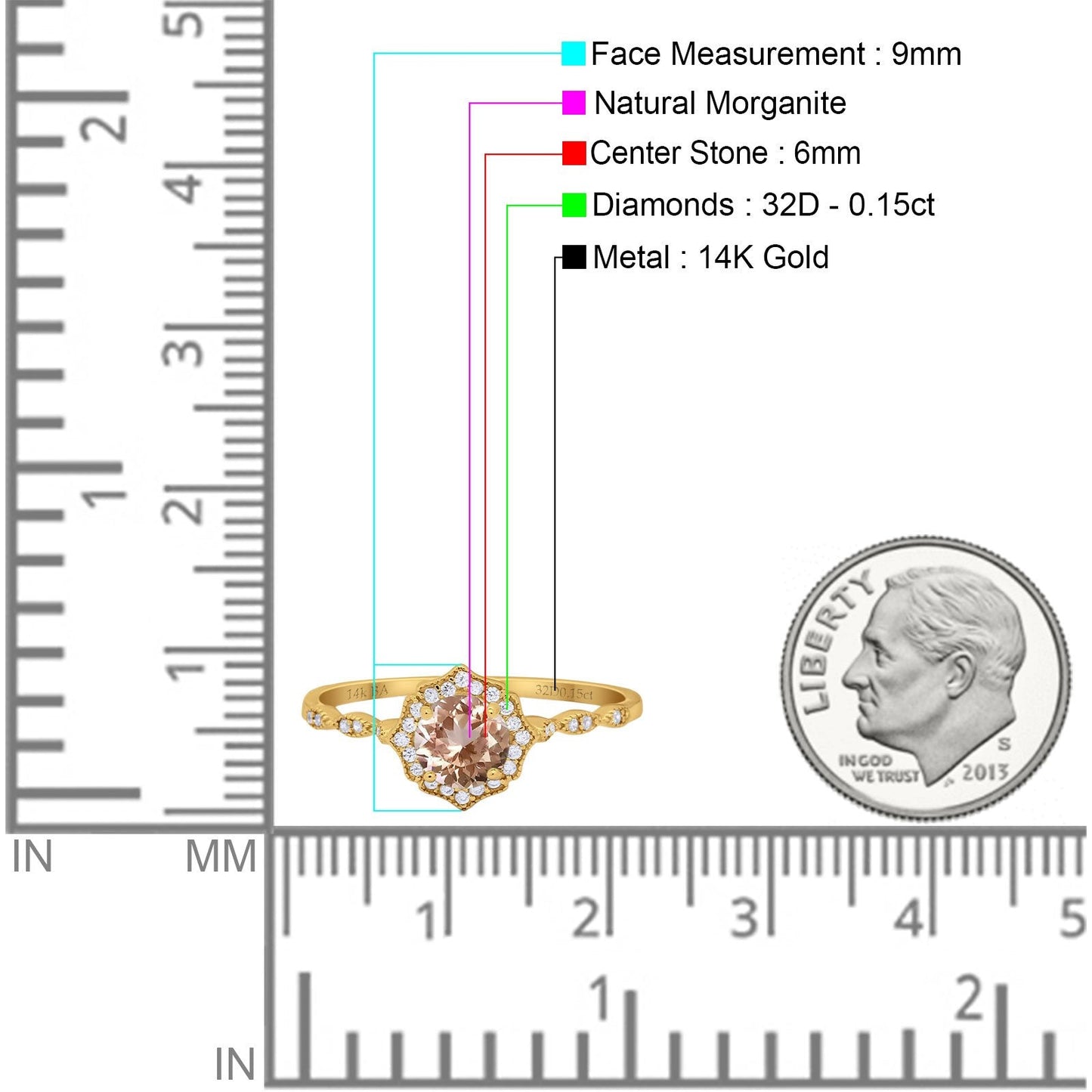 14K Yellow Gold 0.99ct Round Petite Dainty 6mm G SI Natural Morganite Diamond Engagement Wedding Ring Size 6.5