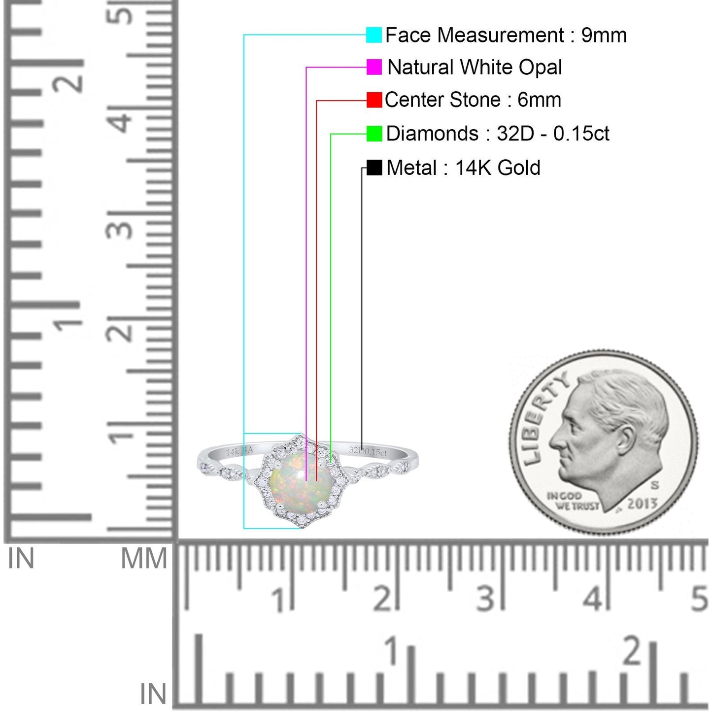 14K White Gold 0.15ct Round Petite Dainty 6mm G SI Natural White Opal Diamond Engagement Wedding Ring Size 6.5