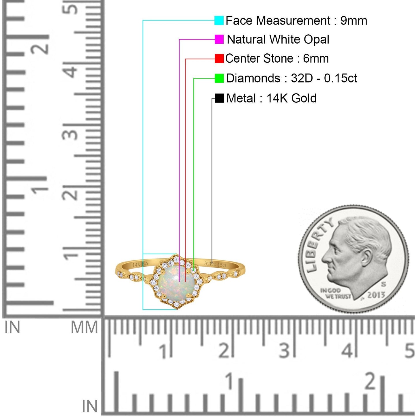 14K Yellow Gold 0.15ct Round Petite Dainty 6mm G SI Natural White Opal Diamond Engagement Wedding Ring Size 6.5